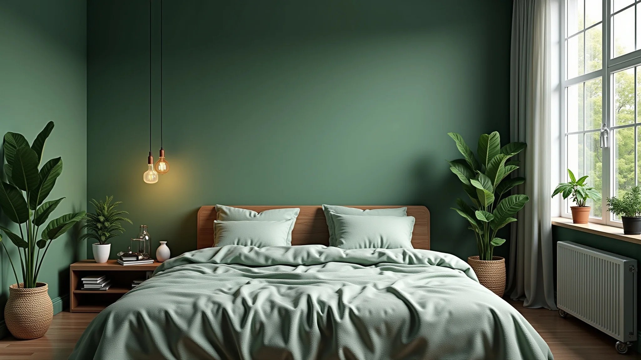Quarto verde com plantas, texturas naturais e um cantinho de leitura aconchegante.