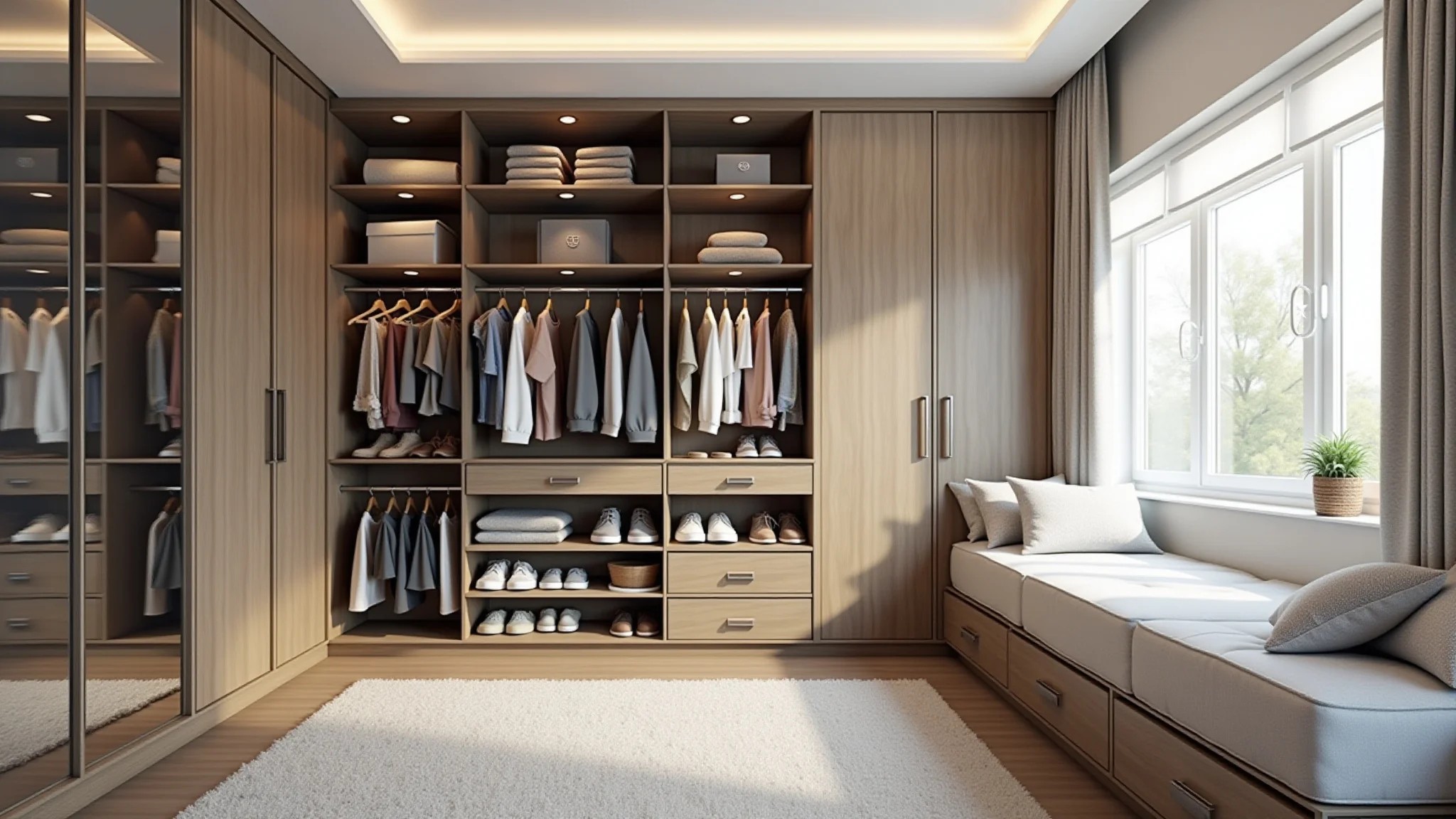 Quarto de hóspedes transformado em closet dos sonhos, armários planejados e espelhos.