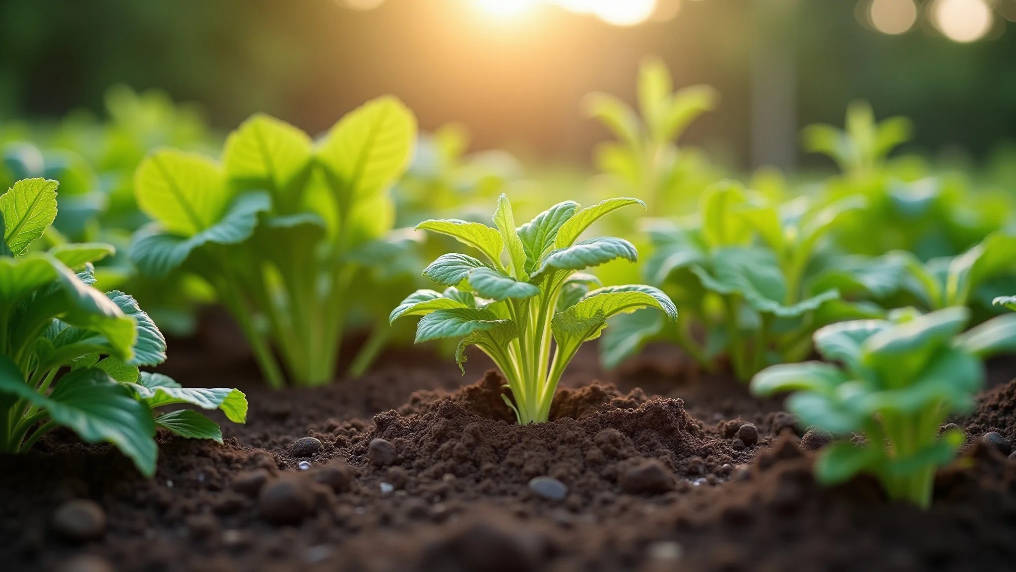 Horta exuberante sendo adubada com composto orgânico, plantas crescendo saudáveis.