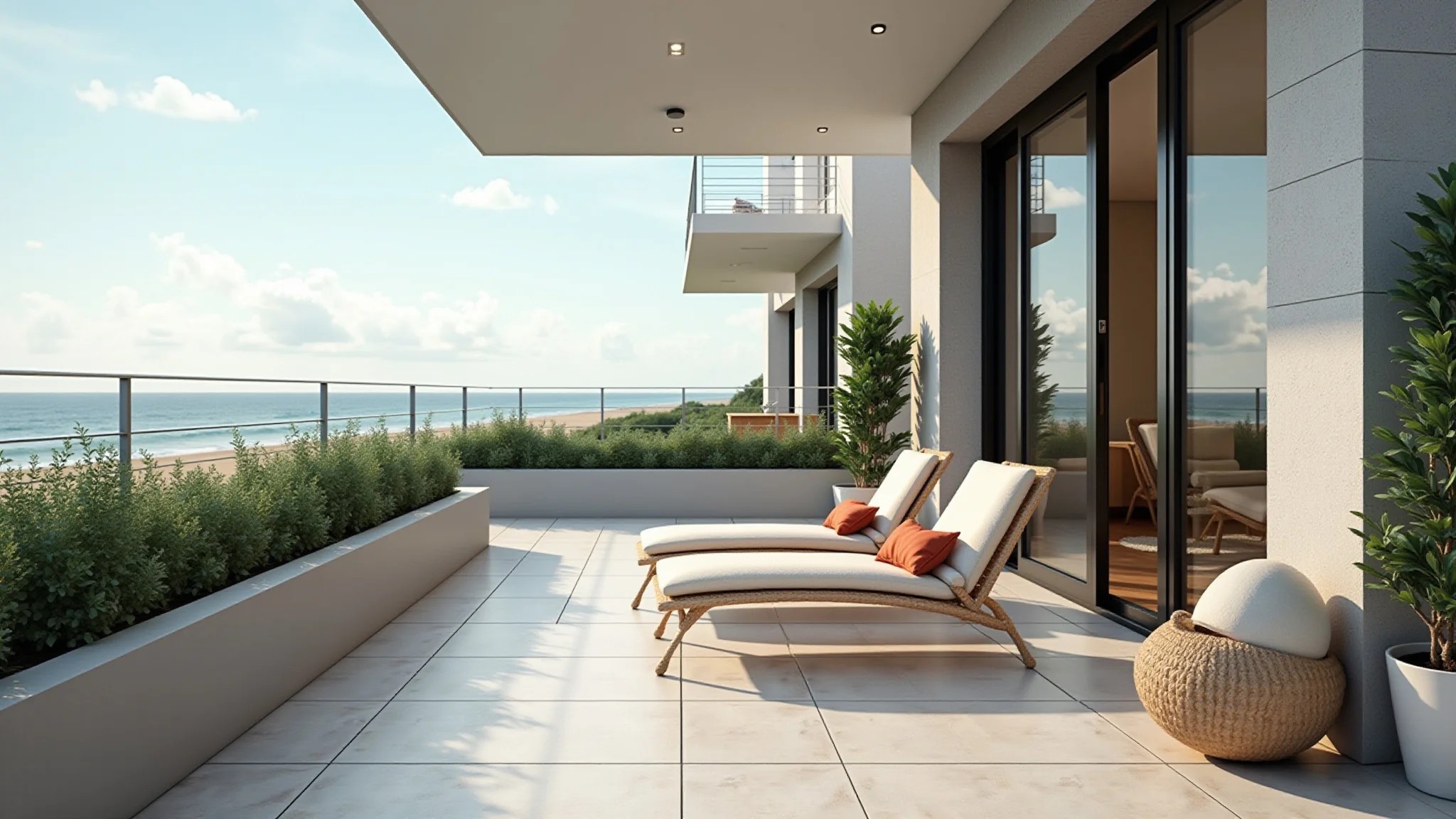 Varanda de apartamento de praia com piso de porcelanato resistente e área de estar confortável.