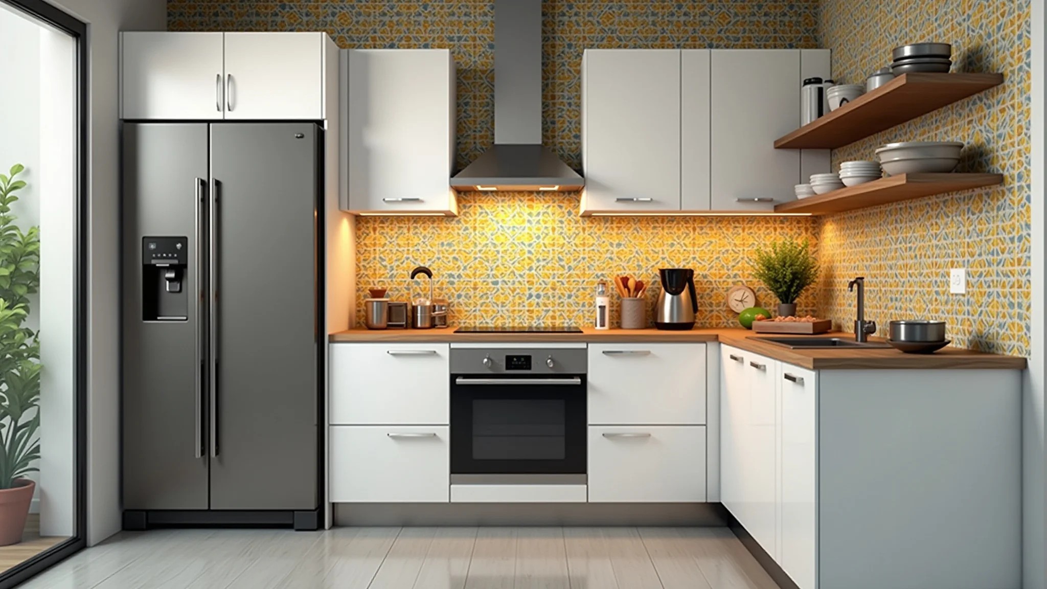 Cozinha moderna com backsplash de adesivos de azulejo e eletrodomésticos de inox.