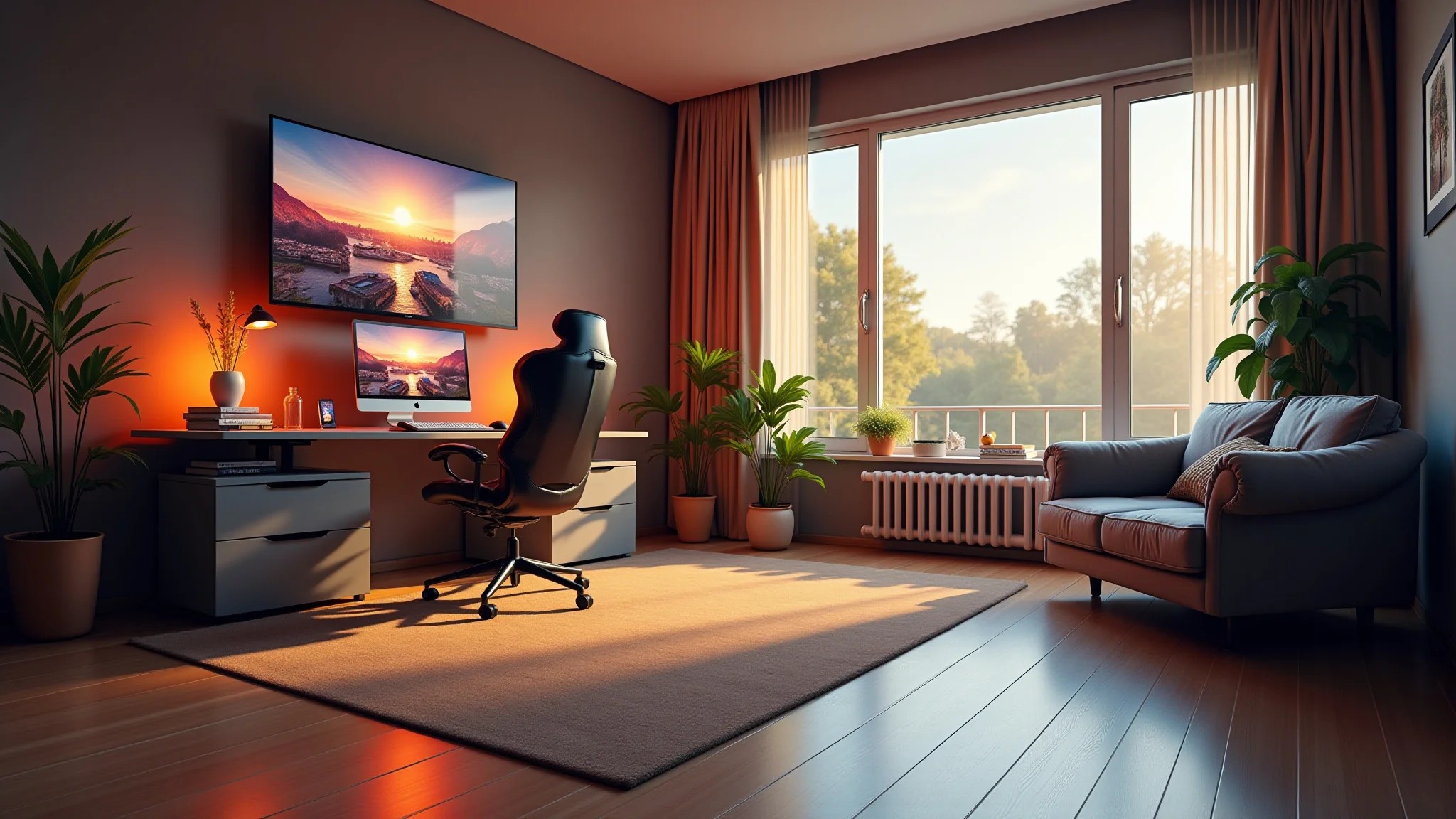 Quarto gamer moderno com piso vinílico, setup de jogos e iluminação aconchegante.