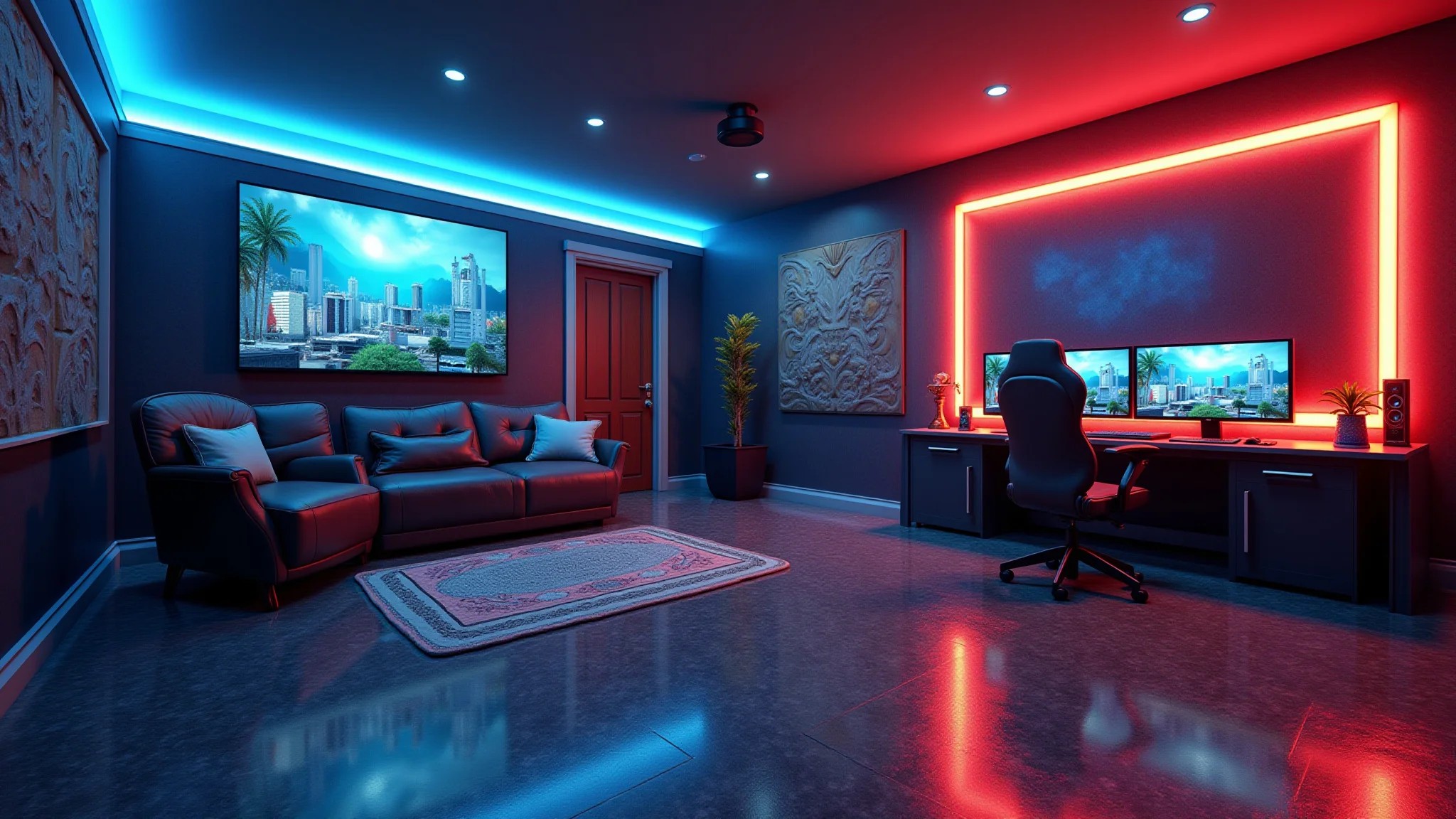 Quarto gamer personalizado com piso epóxi, design customizado e iluminação LED.
