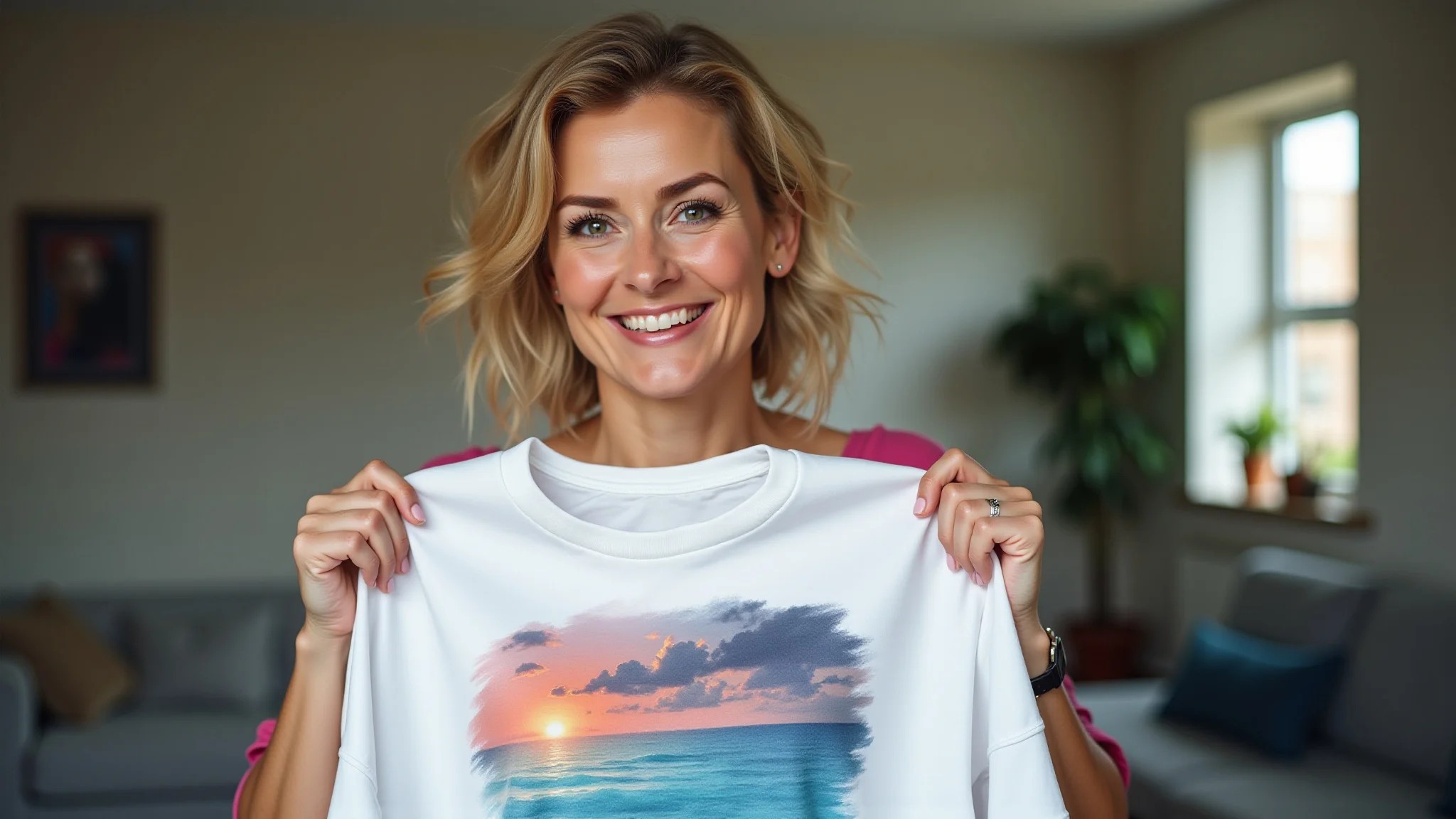 Mulher plus size sorrindo e mostrando camiseta pintada à mão.