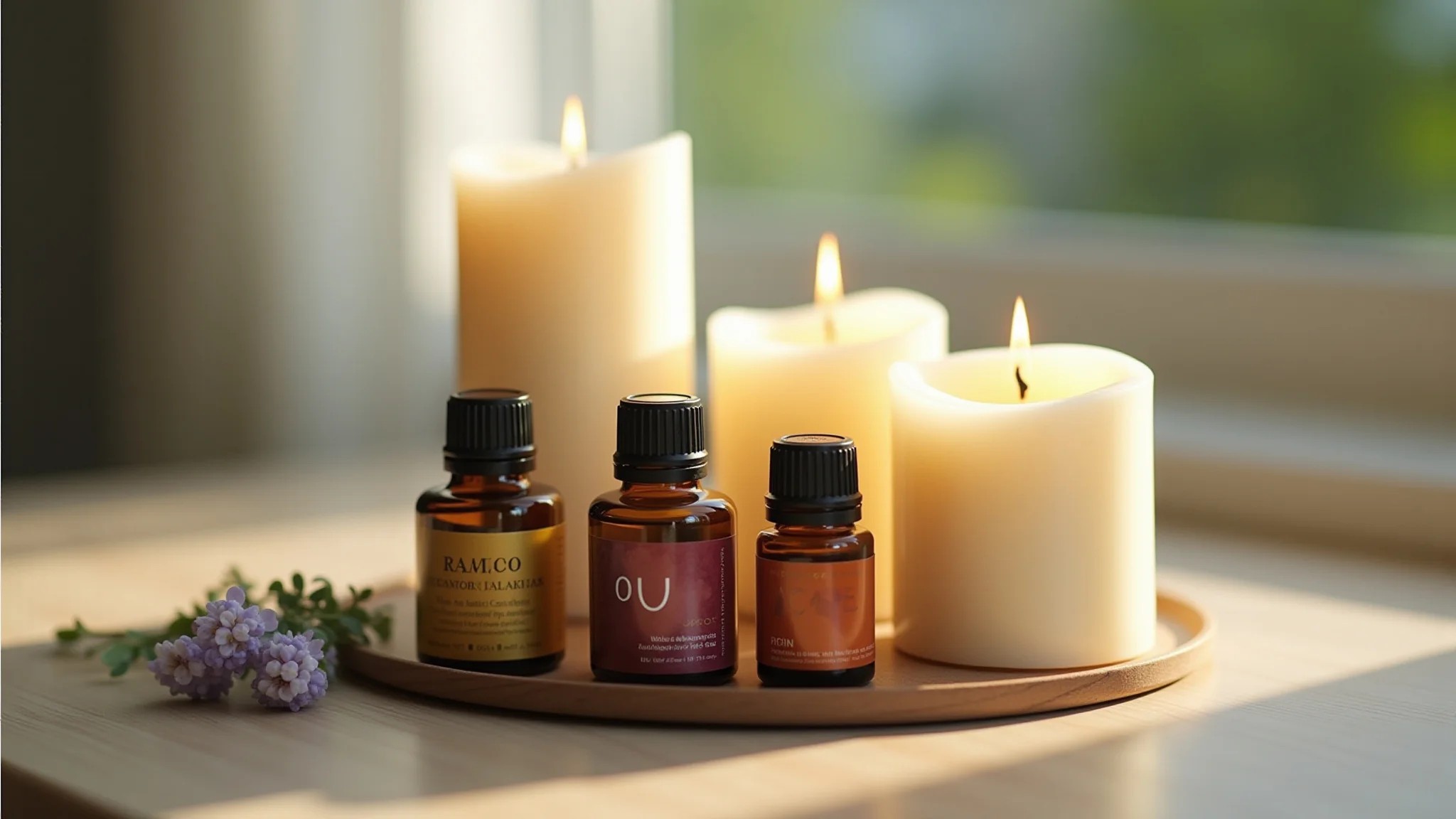 Velas de aromaterapia com óleos essenciais, luz natural suave, casa brasileira.