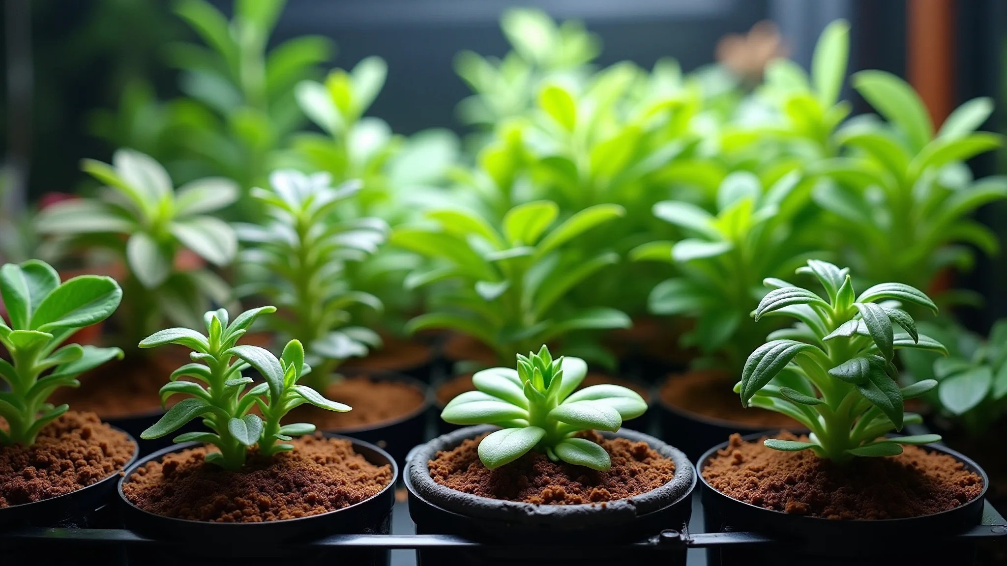 Plantas ornamentais em vasos com substrato caseiro rico em nutrientes.