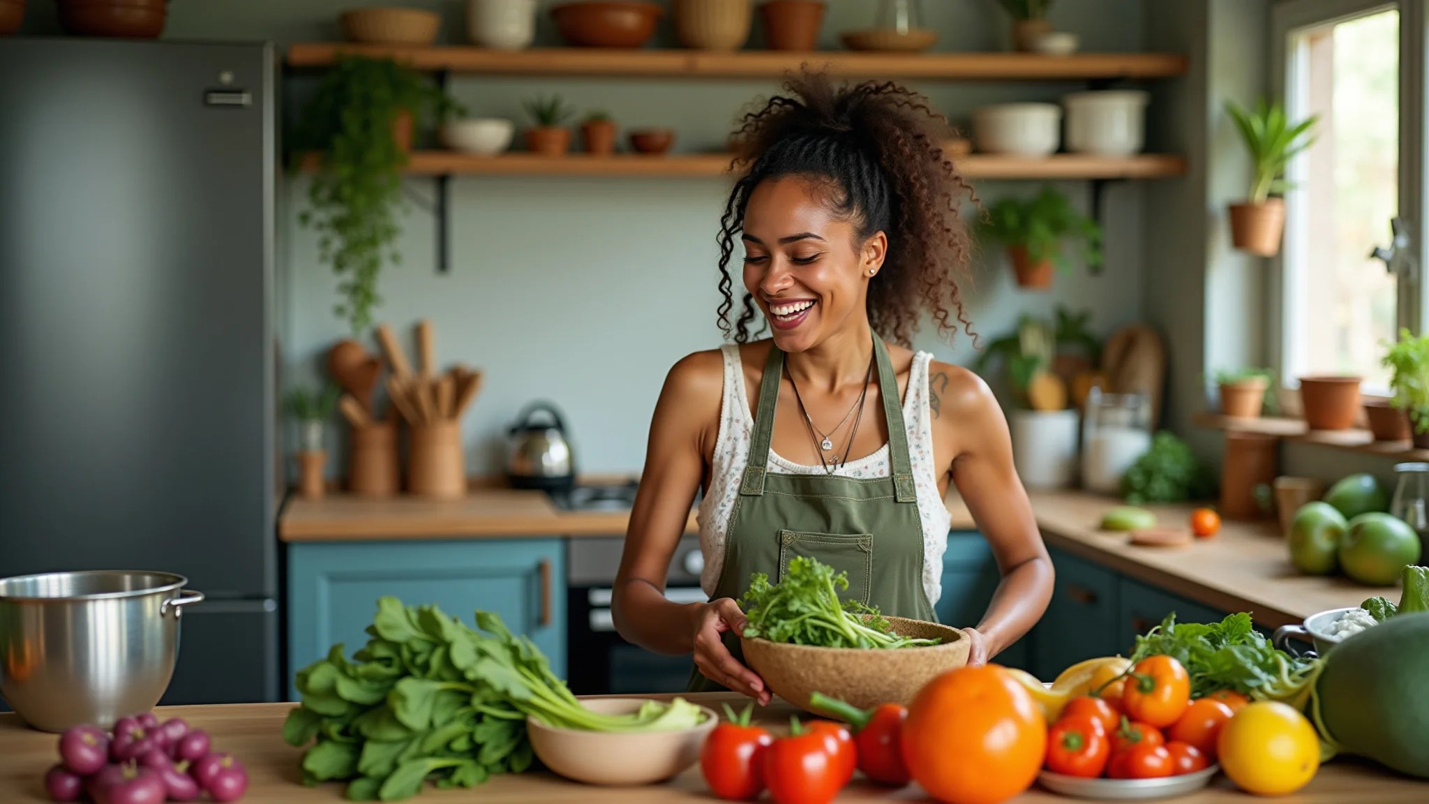 Mulher feliz compostando restos de comida em cozinha brasileira vibrante.