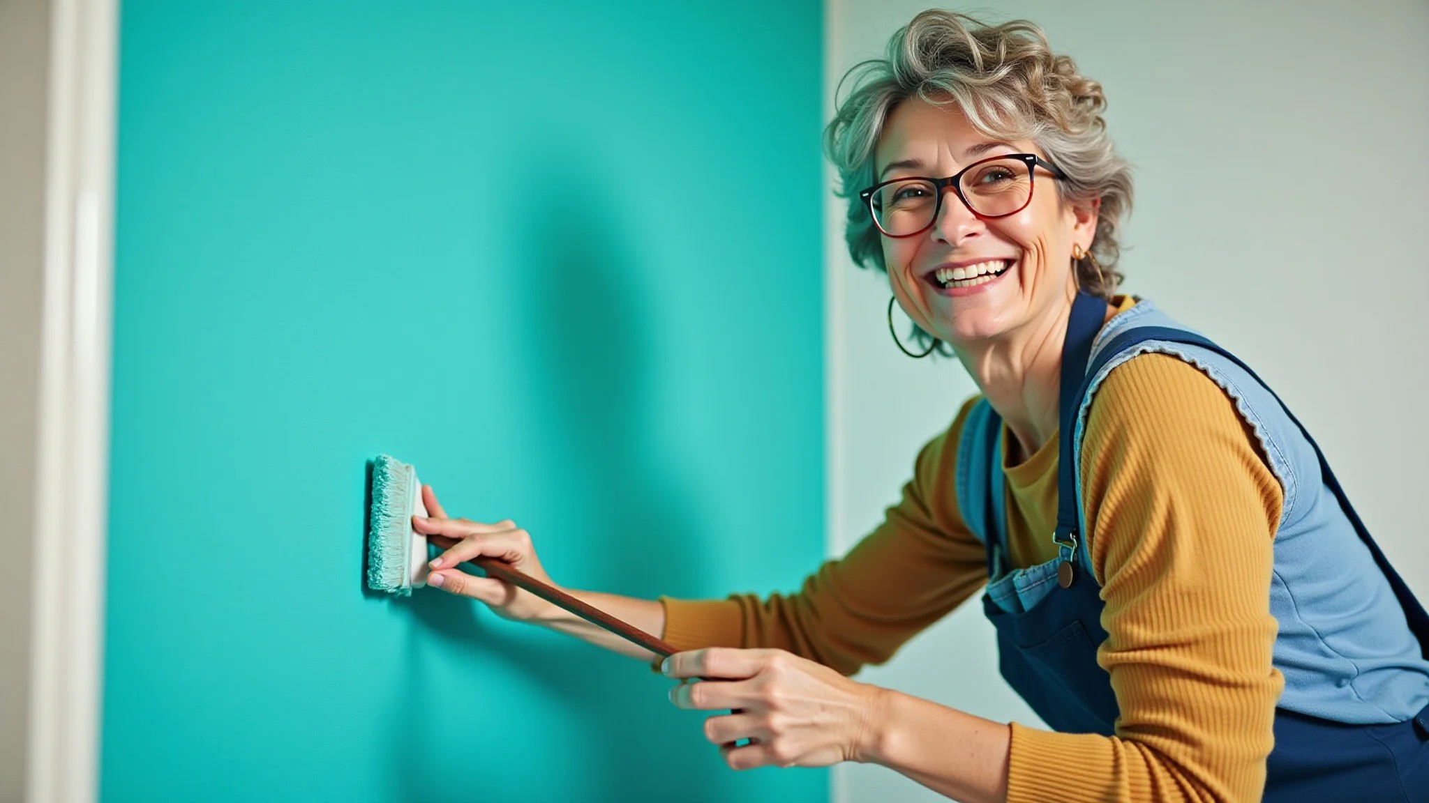 Mulher pintando parede do banheiro de turquesa durante reforma DIY.