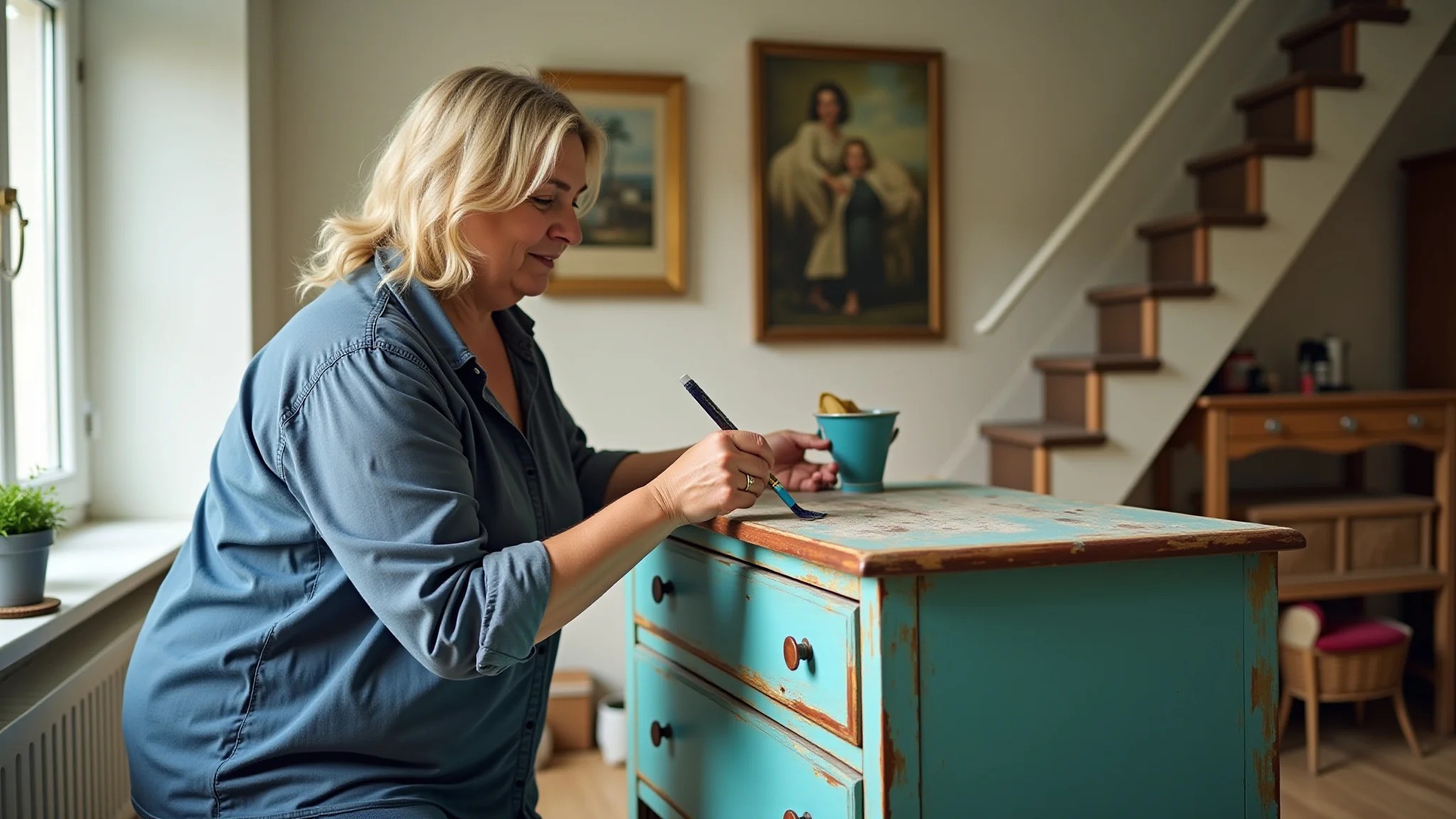 Mulher pintando cômoda antiga com cor vibrante, decoração DIY.