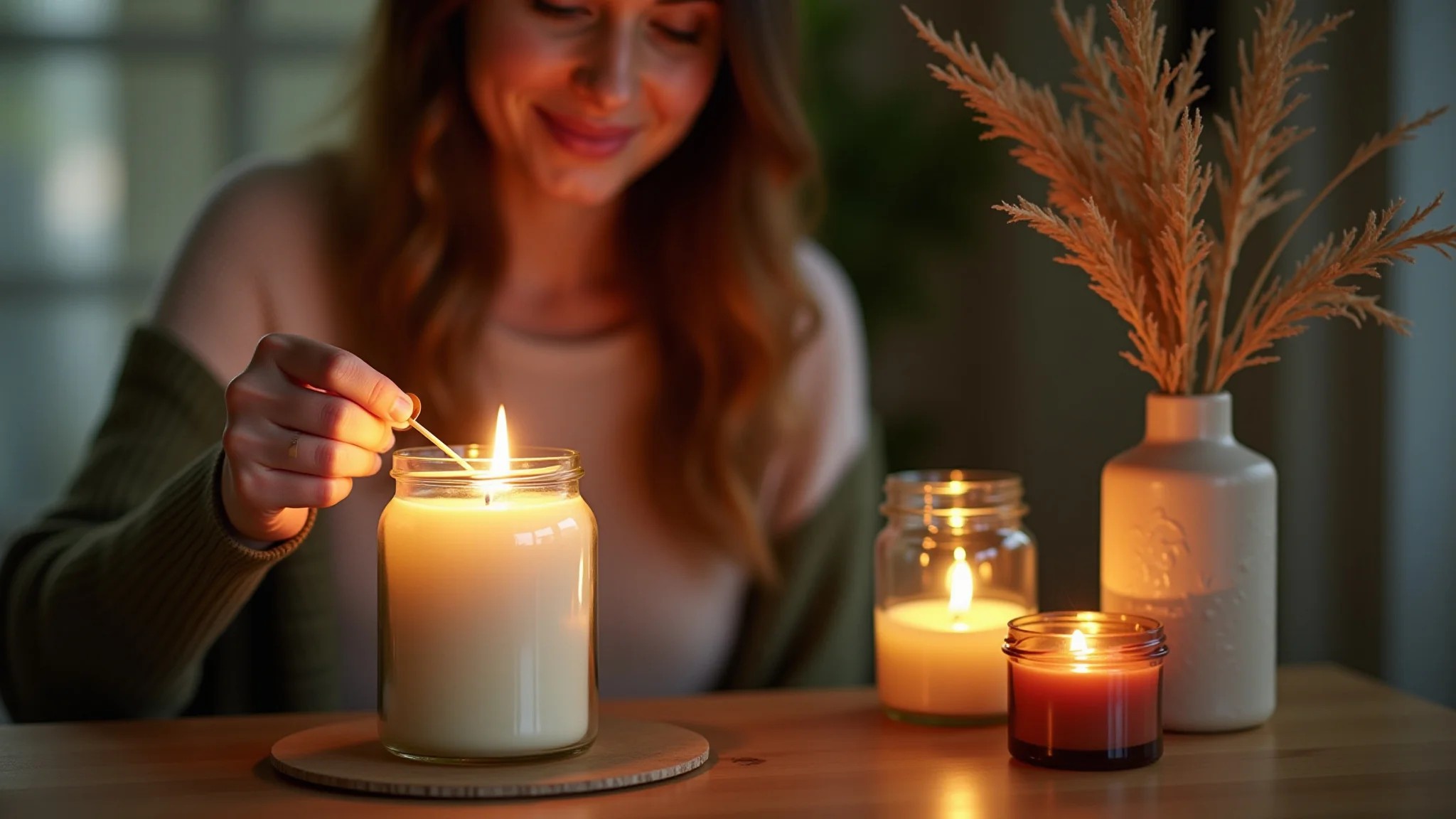 Mulher acendendo vela artesanal em pote de vidro, luz natural e decoração aconchegante.