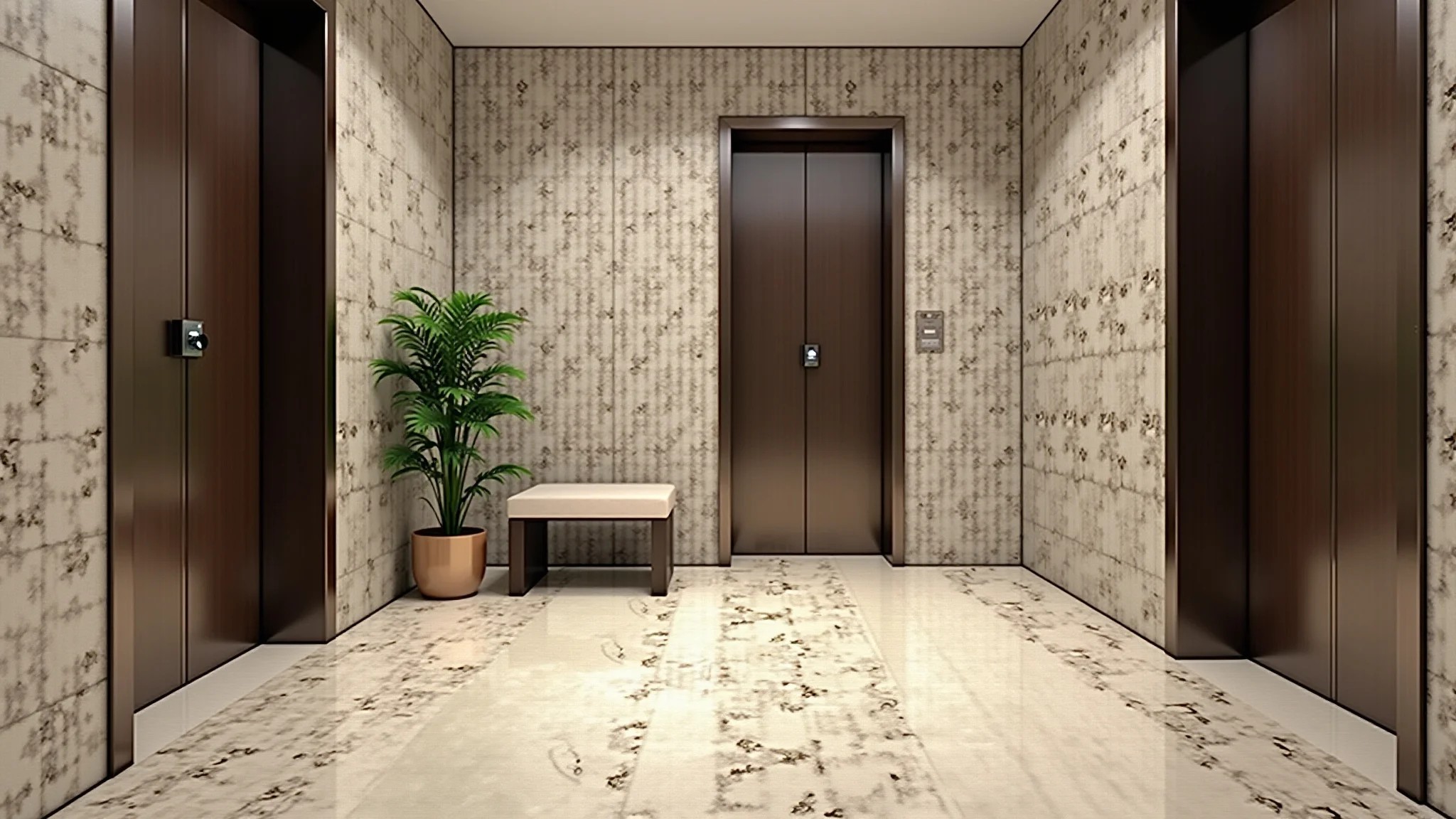 Entrada de elevador com piso de granito elegante em tons neutros, banco pequeno e planta em vaso.