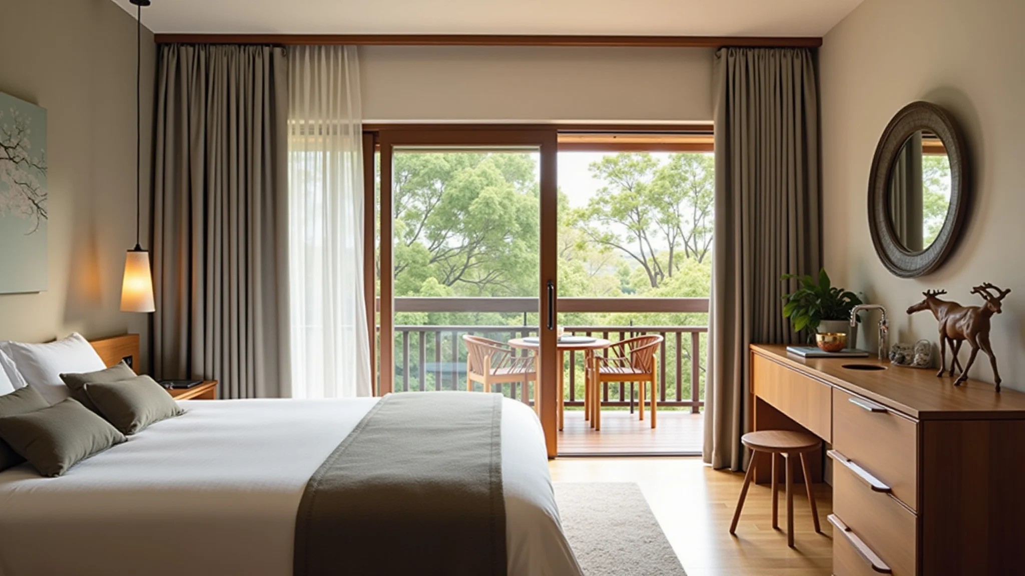 Quarto integrado ao banheiro com design acessível e luz natural, estilo brasileiro.