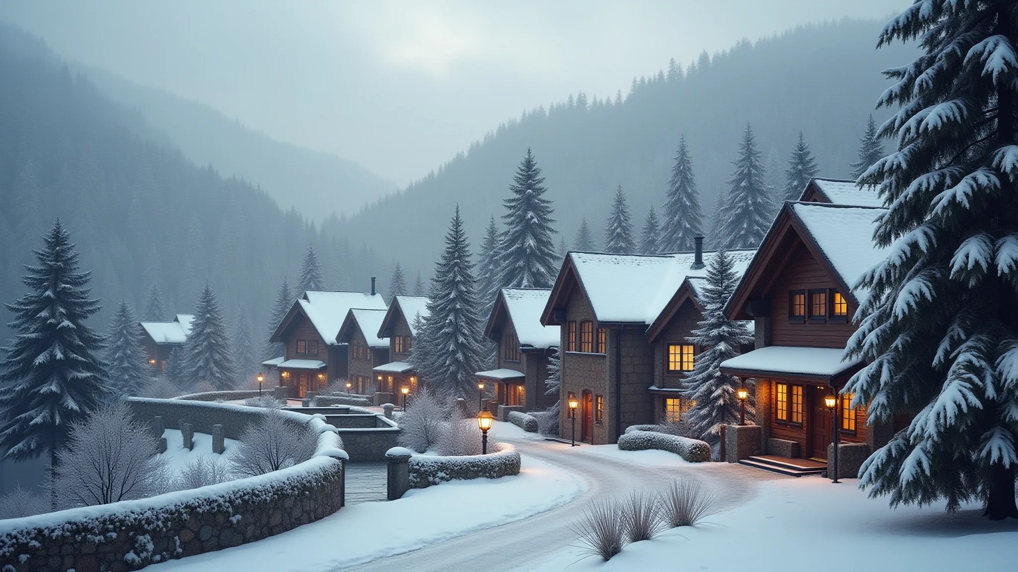 Arquitetura europeia de Campos do Jordão no inverno, montanhas com neblina.