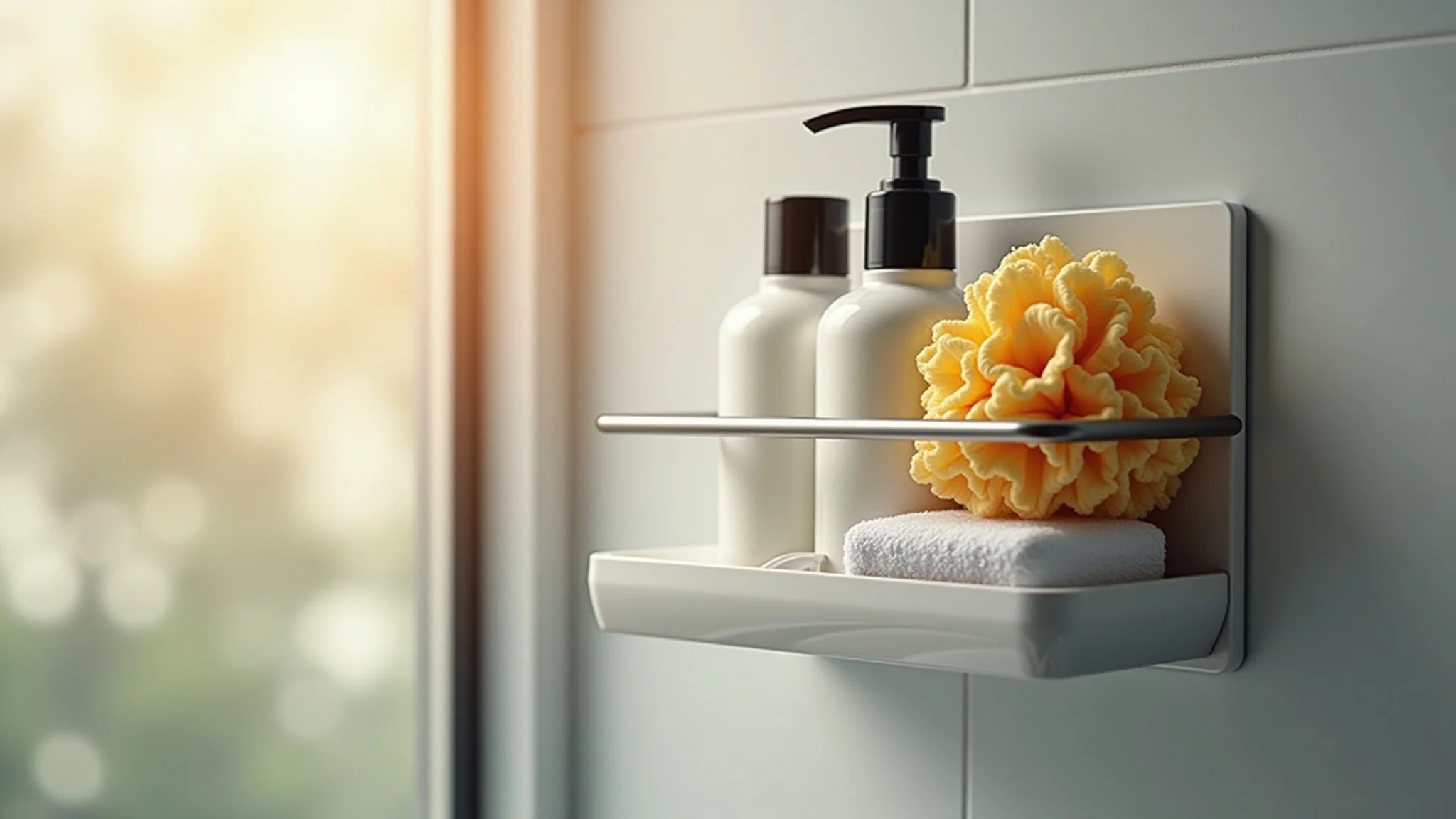 Organizador de canto no box com shampoo, sabonete e bucha.