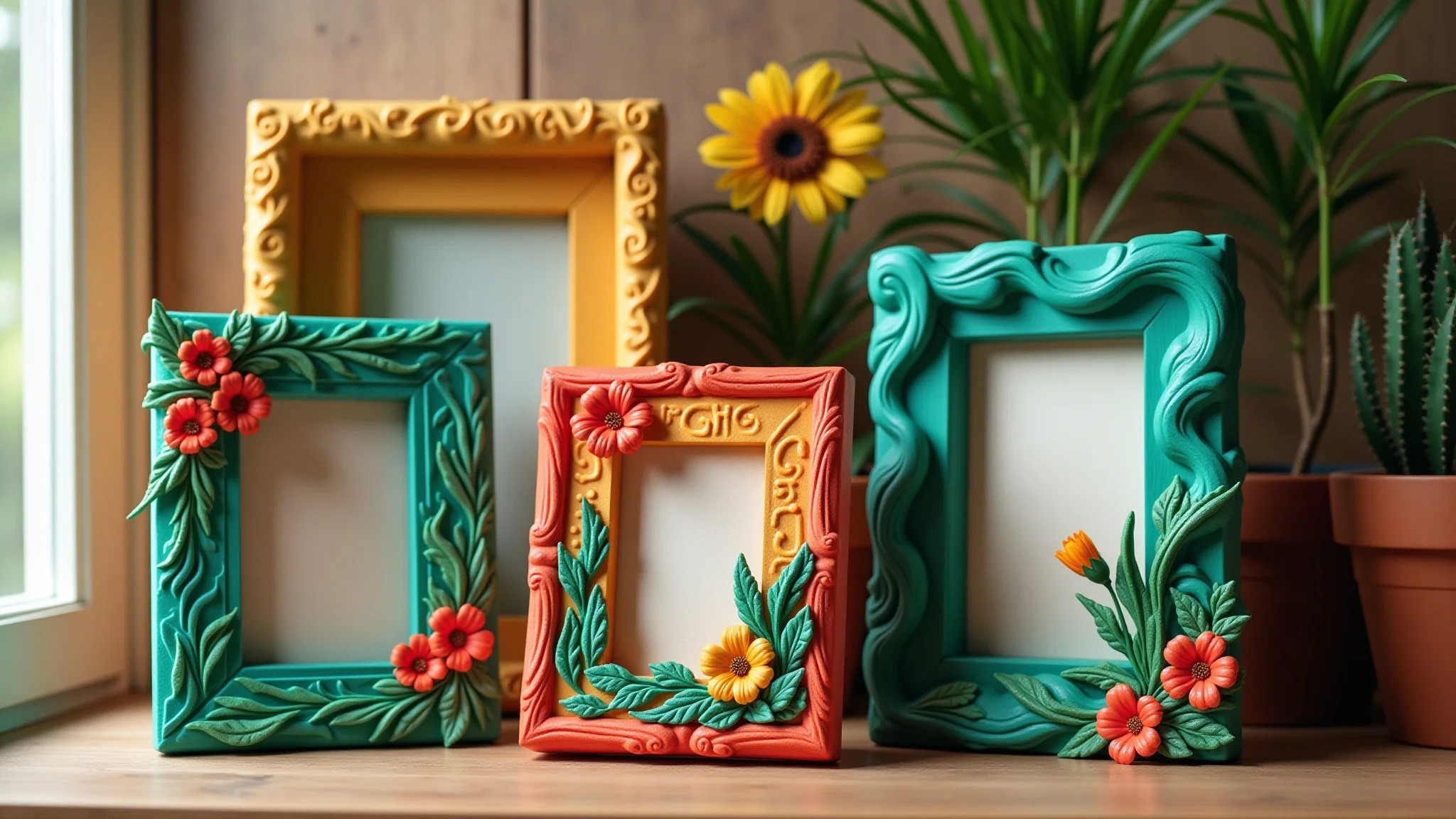 Porta-retratos de EVA decorados, estilo brasileiro vibrante, iluminação natural.
