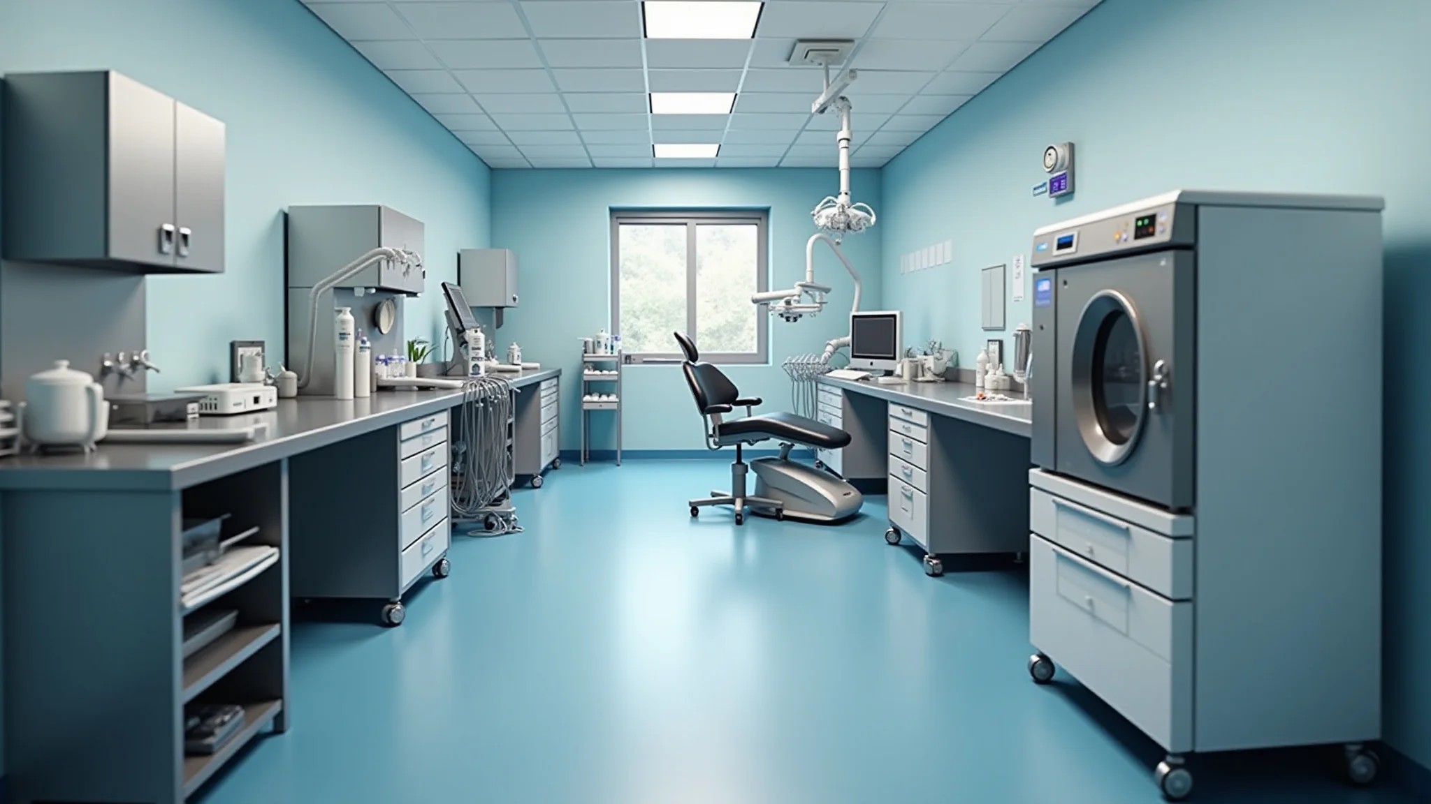 Área de esterilização de consultório odontológico com equipamentos organizados.