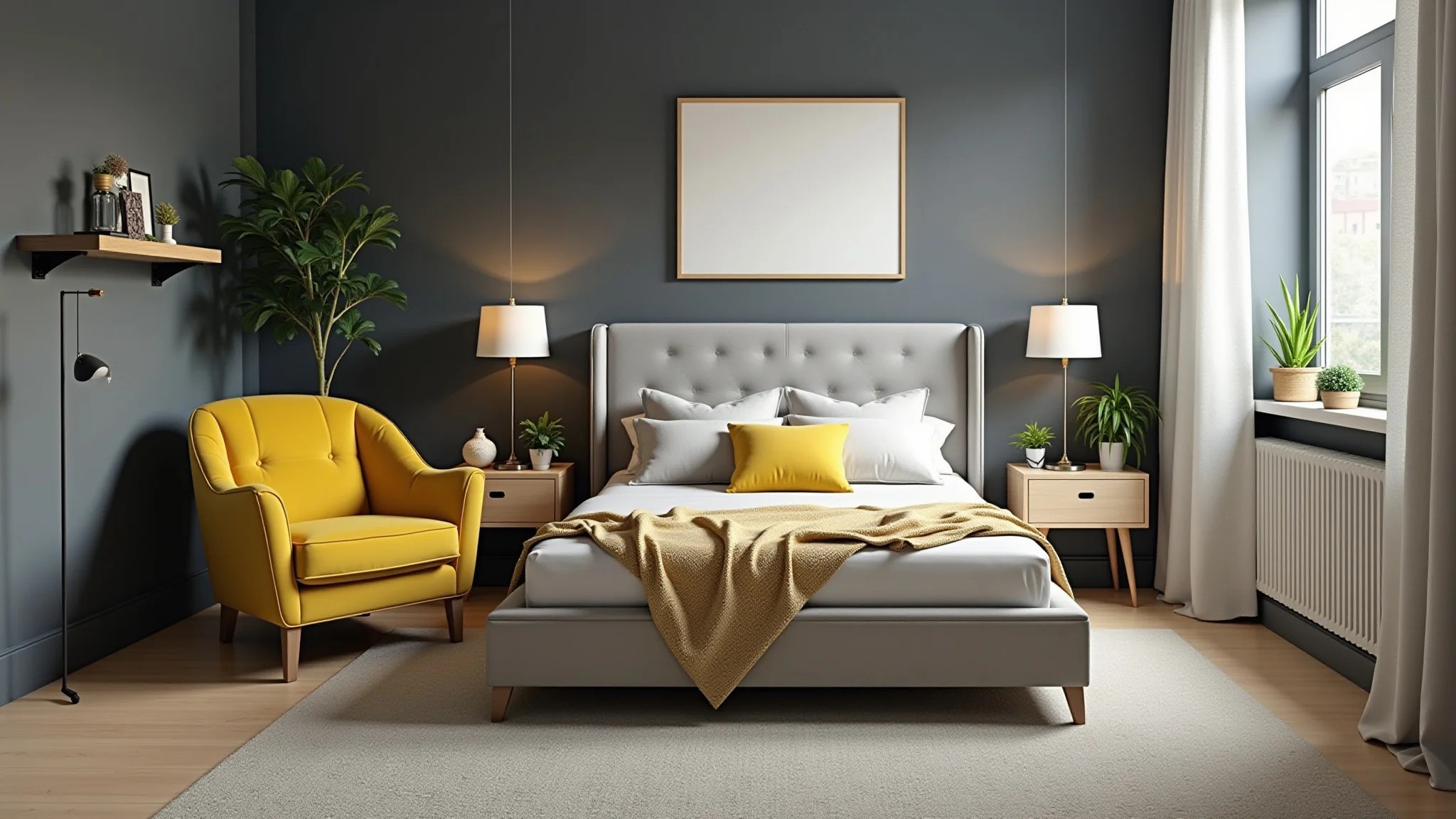 Quarto cinza com toques de amarelo, poltrona mostarda e plantas.