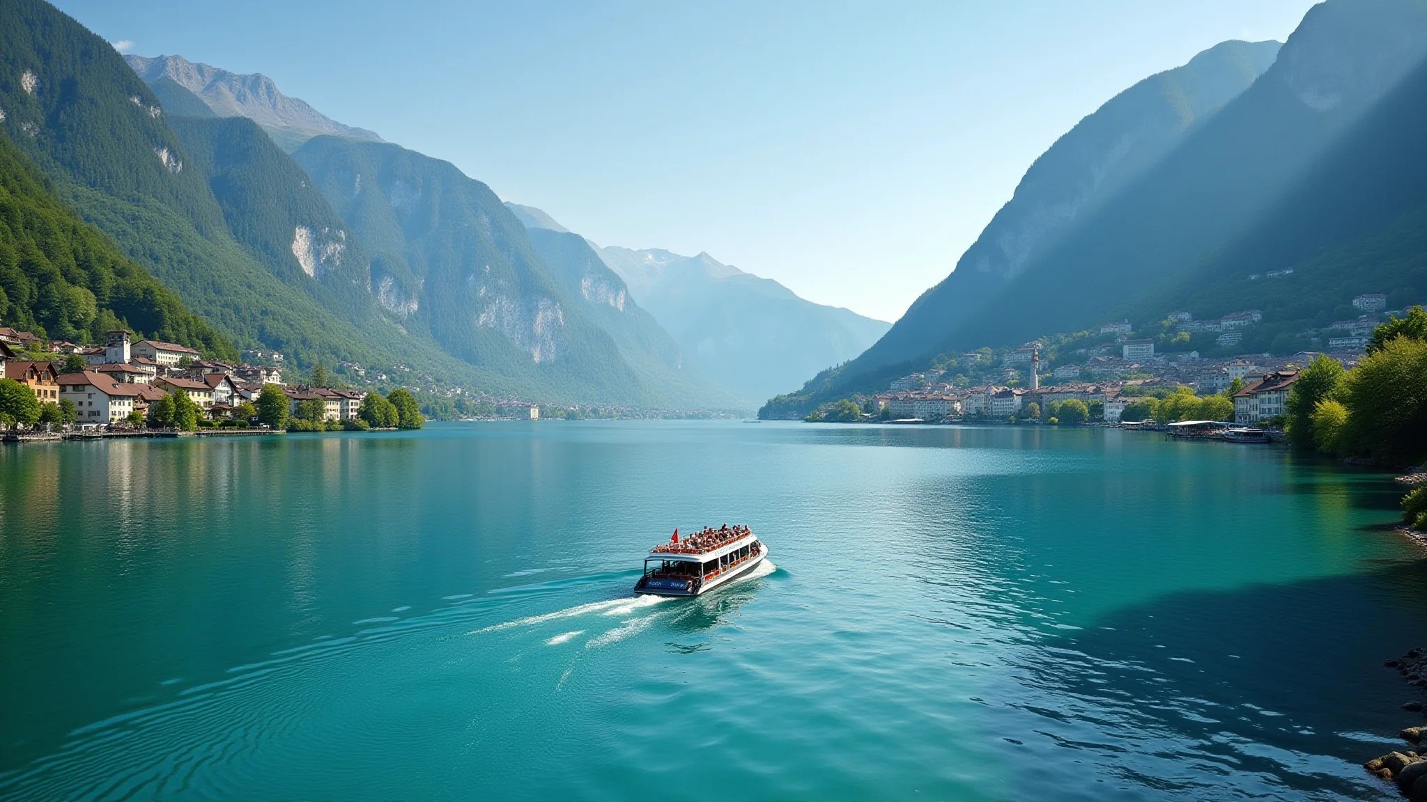Lago de Lucerna na Suíça, verão, águas cristalinas, Alpes ao redor, passeio de barco.