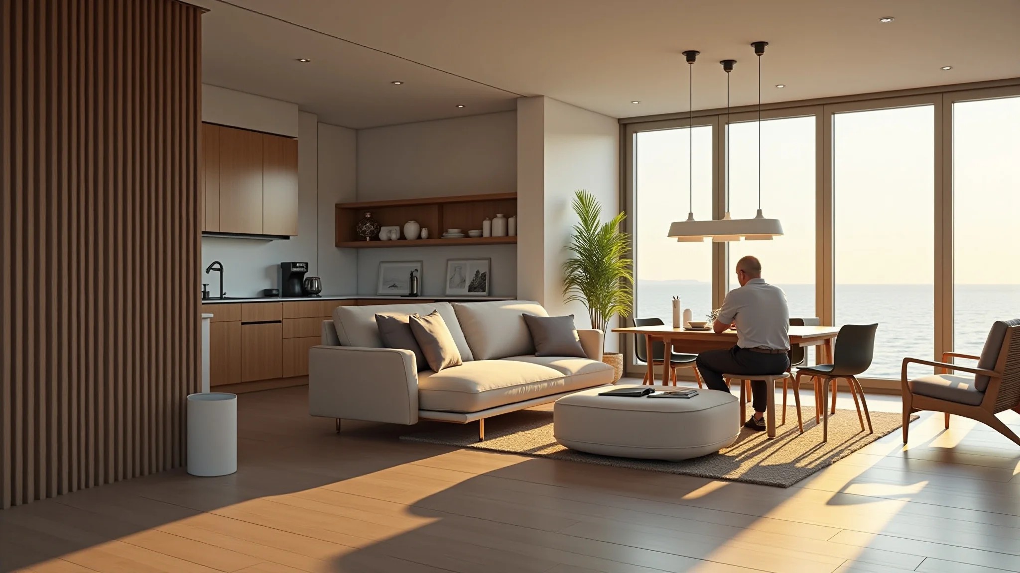 Sala integrada minimalista com homem maduro, cores neutras e iluminação suave.