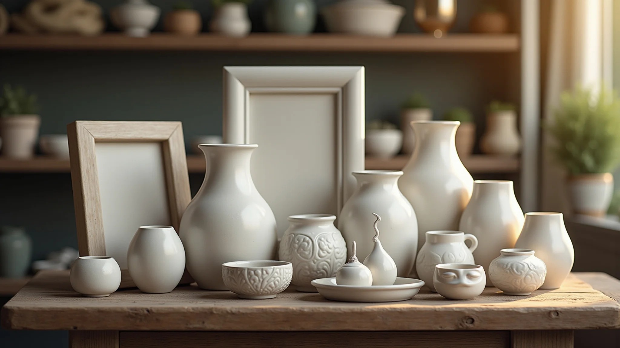 Peças artesanais de gesso finalizadas em mesa rústica: vasos, porta-retratos e esculturas.