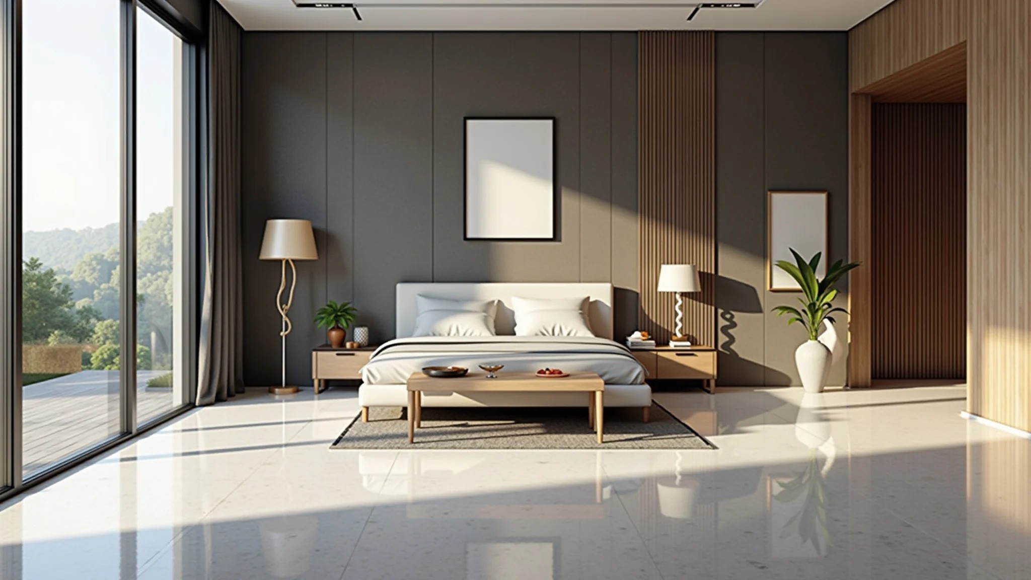 Quarto moderno com piso de porcelanato líquido e decoração estilo Farm Rio.