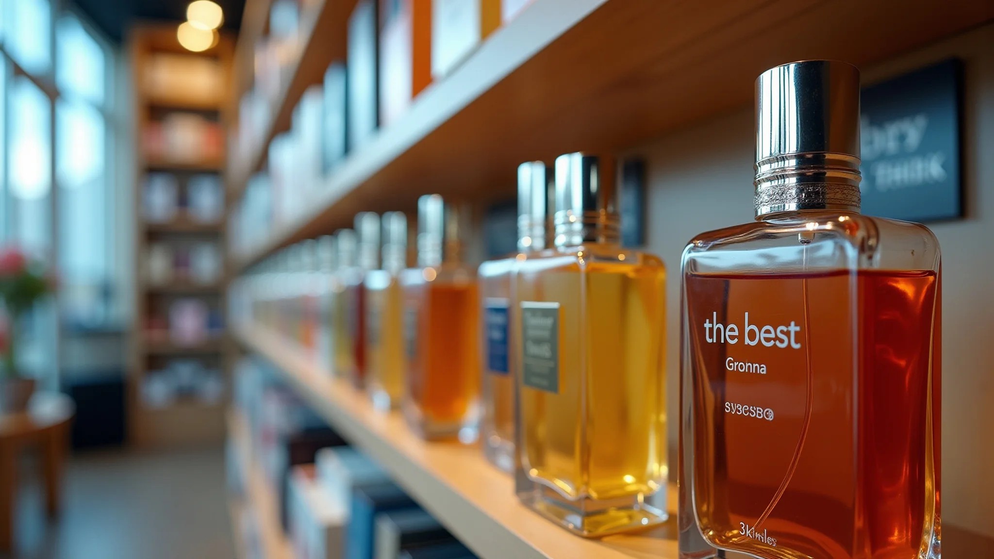 Frascos de perfumes importados em uma loja franca (free shop).