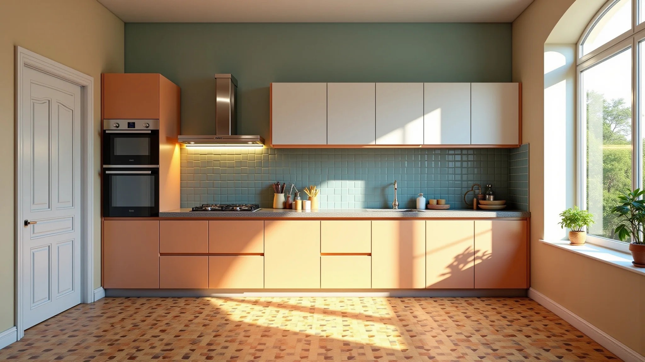 Cozinha brasileira colorida projetada com ferramentas online, azulejos vibrantes.