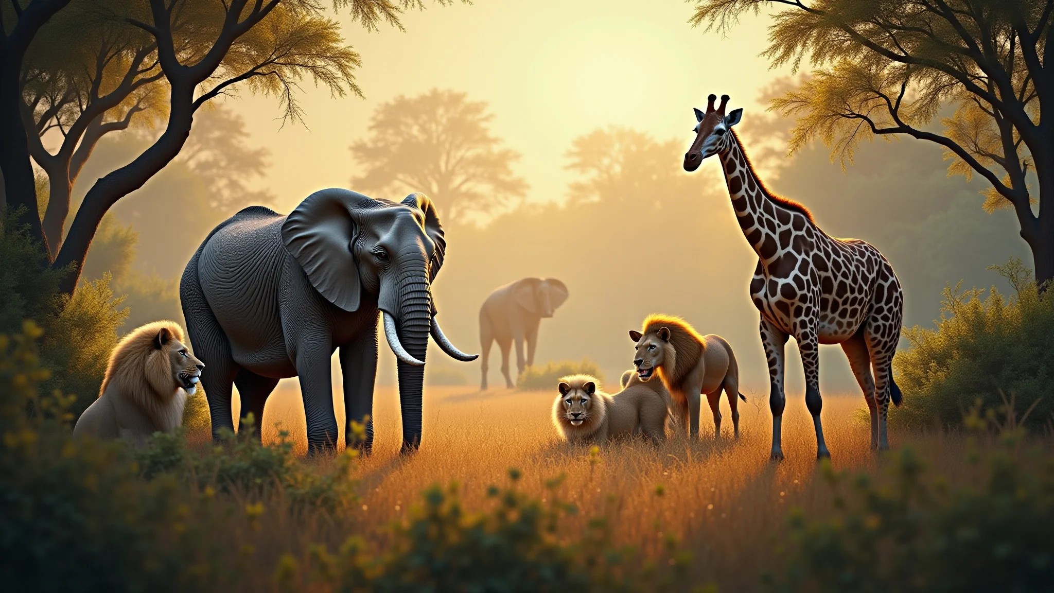 Papel de parede infantil com tema de safari, leões, elefantes e girafas.