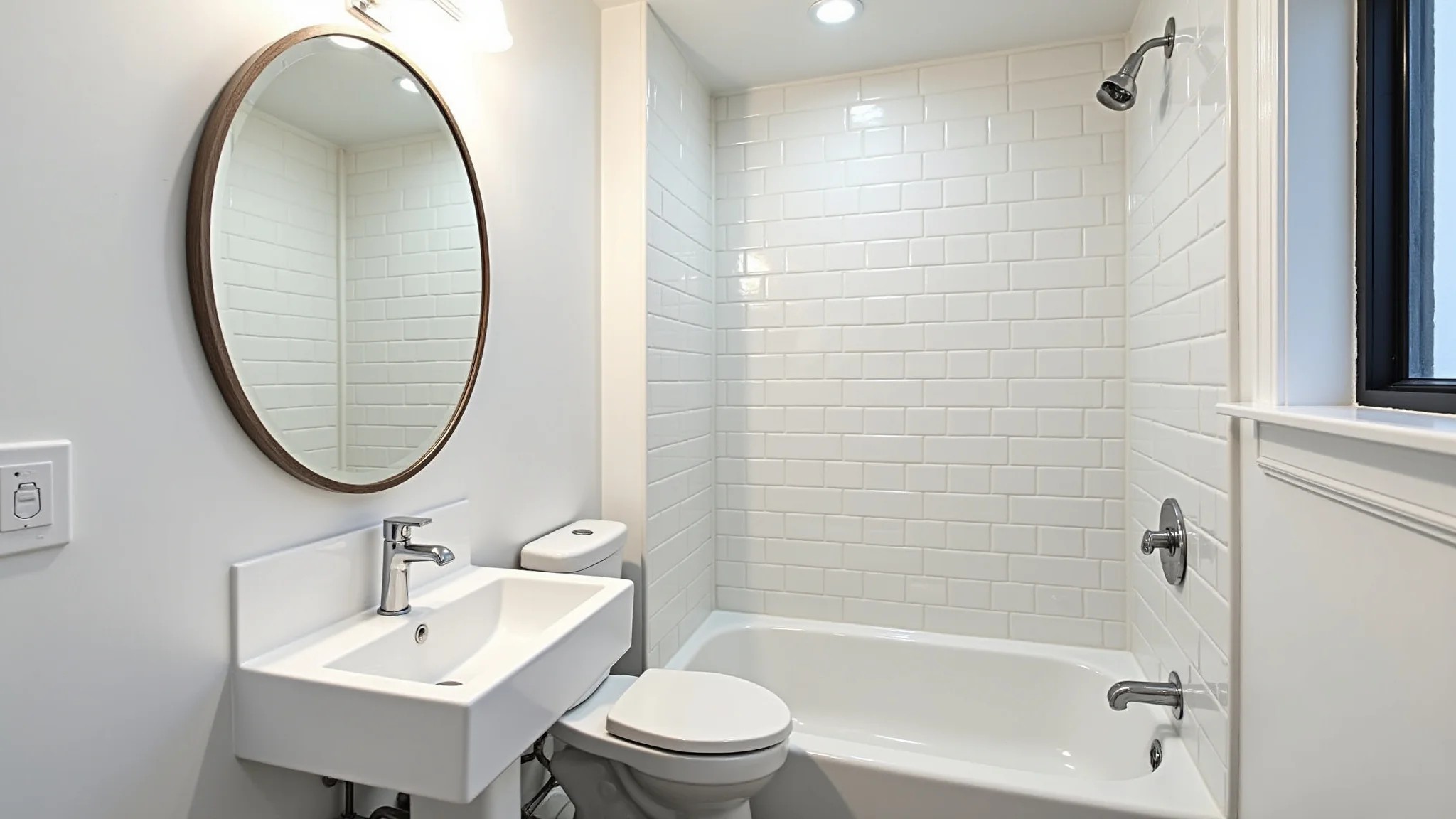 Banheiro pequeno com azulejos brancos, iluminação clara, design clean, sensação arejada.