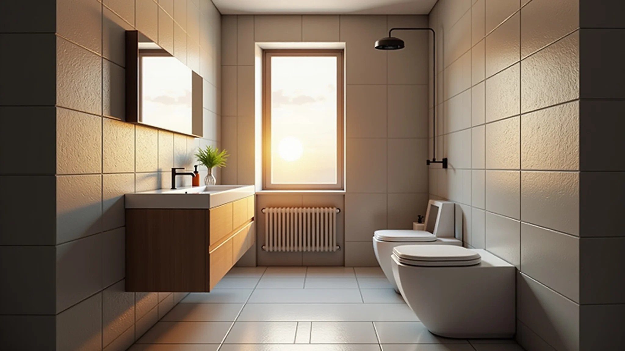Lavabo pequeno com revestimento 3D texturizado e iluminação suave.