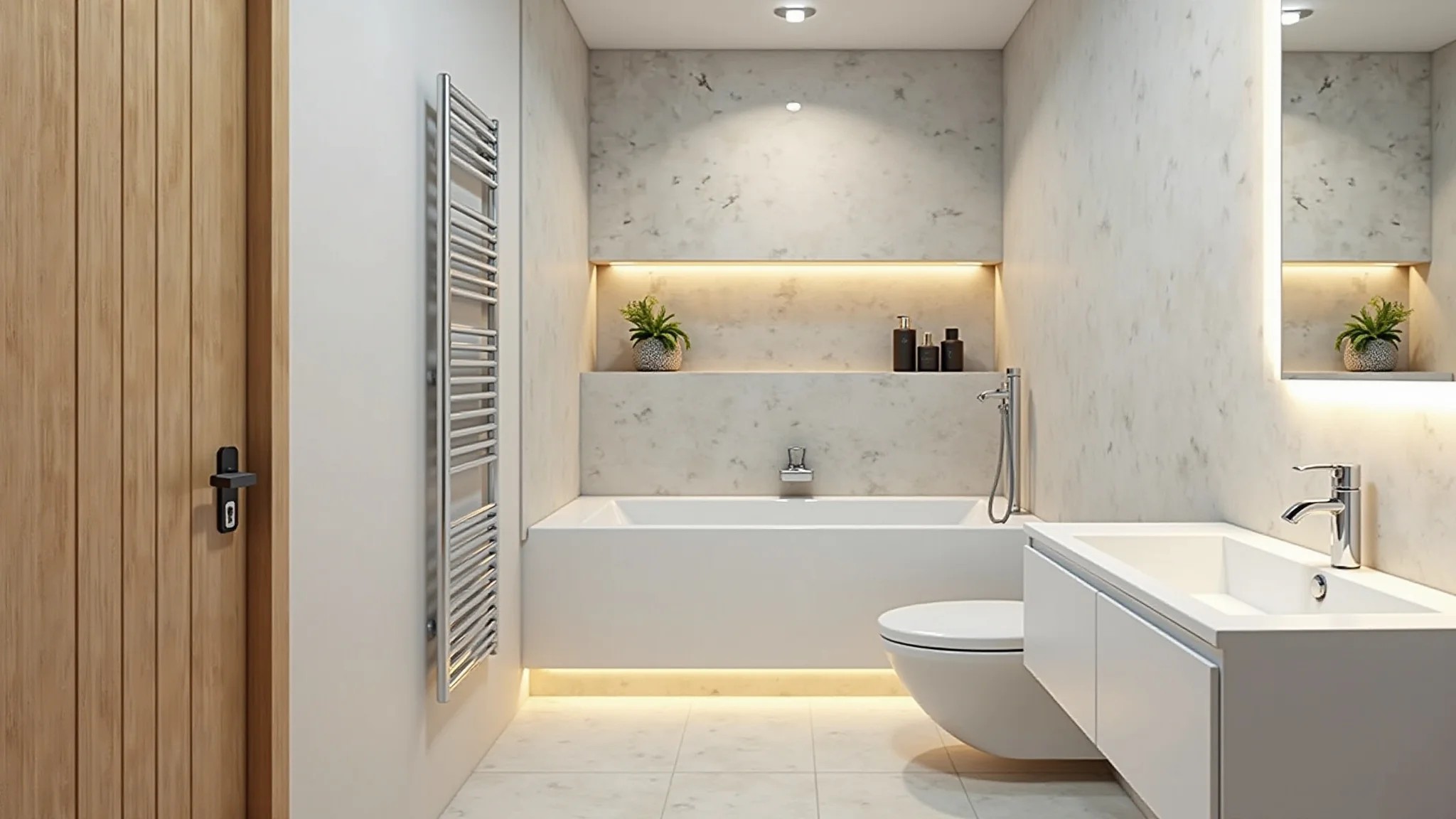 Banheiro pequeno com cores claras, iluminação LED e prateleiras suspensas, estilo brasileiro.