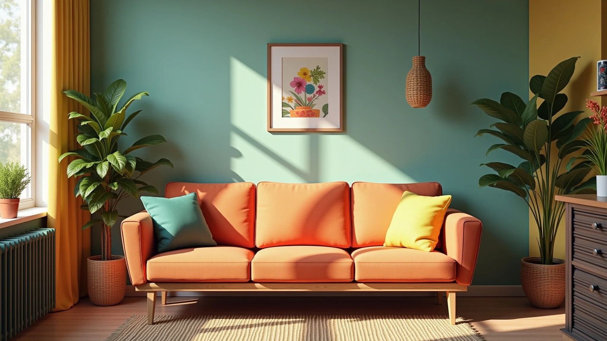 Sala pequena com cores vibrantes, estilo Farm Rio, design brasileiro e plantas.