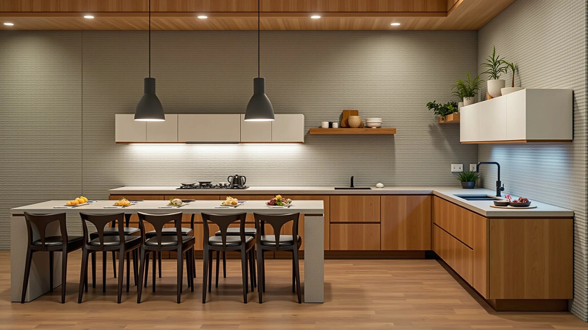 Ilha de cozinha rústica com design charmoso e iluminação aconchegante.