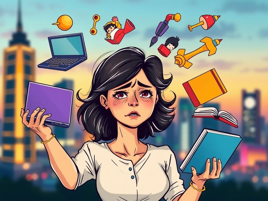 Mulher equilibrando pratos, representando trabalho, família e vida pessoal, com expressão de estresse e determinação.