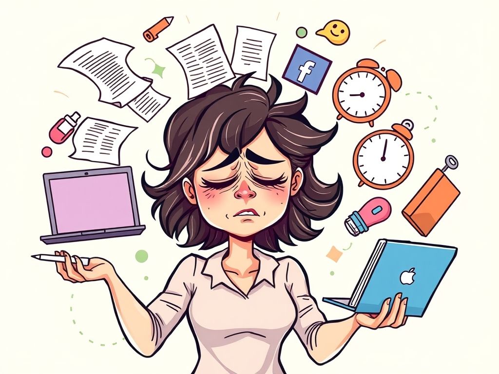 Ilustração de uma mulher malabarista com objetos representando trabalho, família e vida social, transmitindo a pressão de ser uma 'supermulher'.