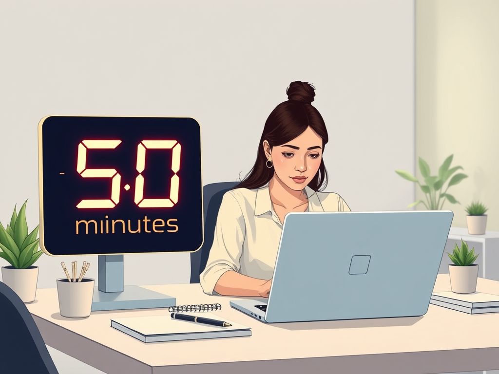 Imagem de um timer digital mostrando '50 minutos', ao lado de uma mulher concentrada no laptop.