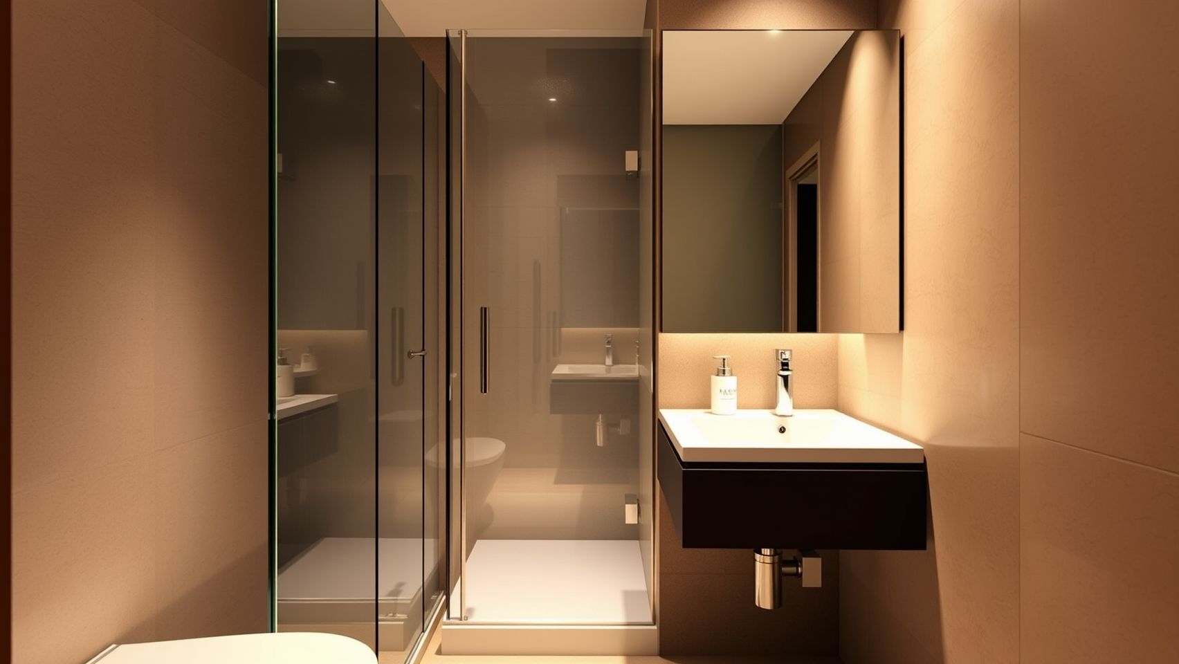 Espelho grande e box de vidro transparente em banheiro pequeno. Ideias para ampliar o espaço e modernizar a decoração.