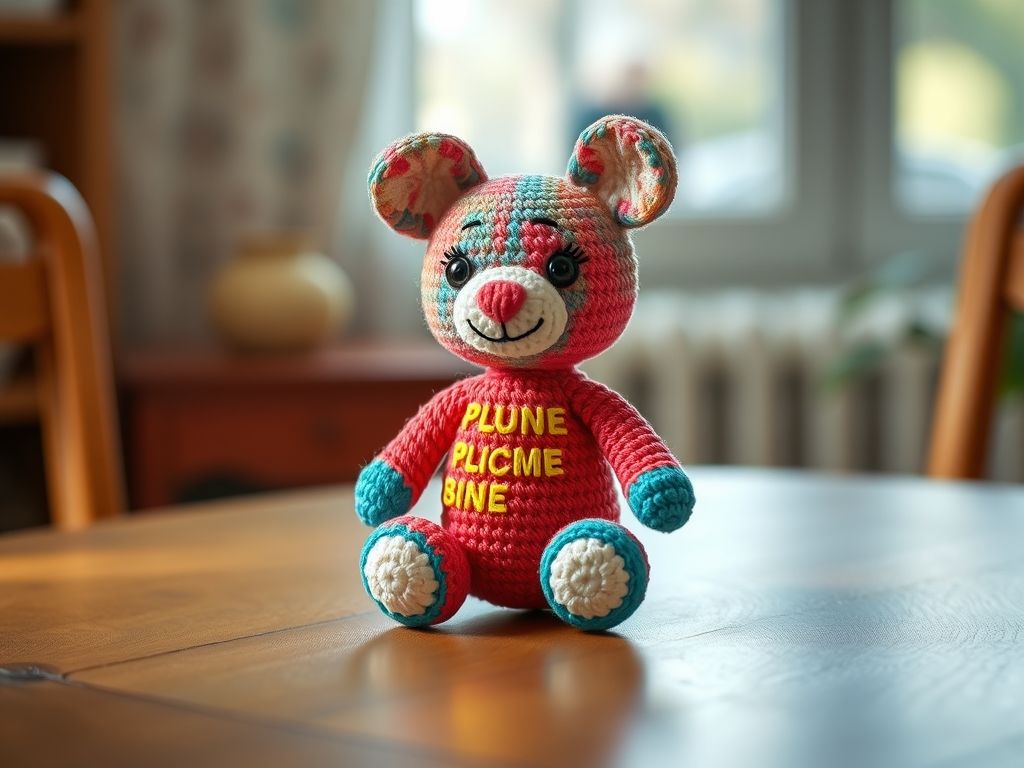 Imagem de um pequeno amigurumi de um animal fofo (urso ou coelho) feito com fio de algodão colorido.