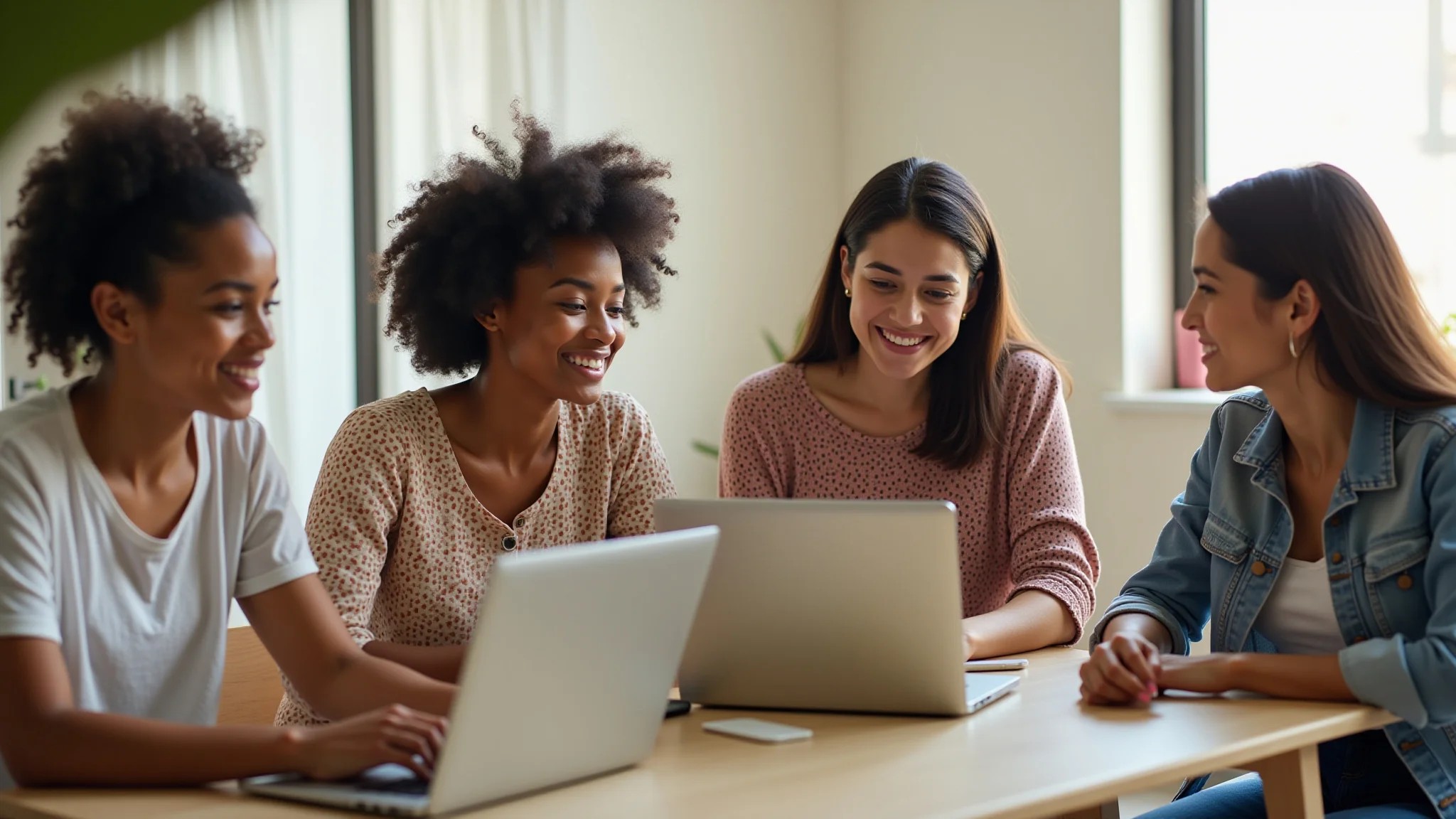 Grupo de mães se conectando online, rede de apoio virtual.
