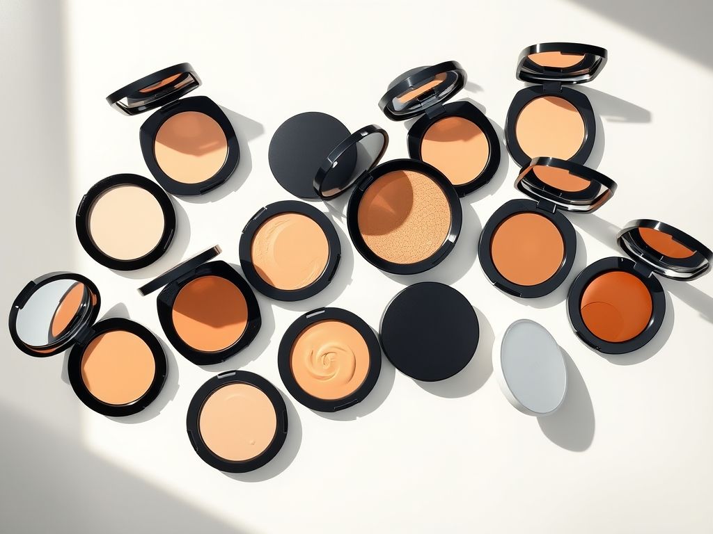 Close-up de diferentes tons e texturas de bases compactas em suas embalagens.