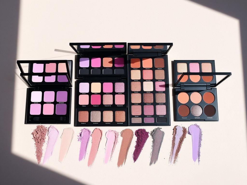 Paletas de sombras em tons de roxo, lilás e lavanda, mostrando a variedade de opções para maquiagem.