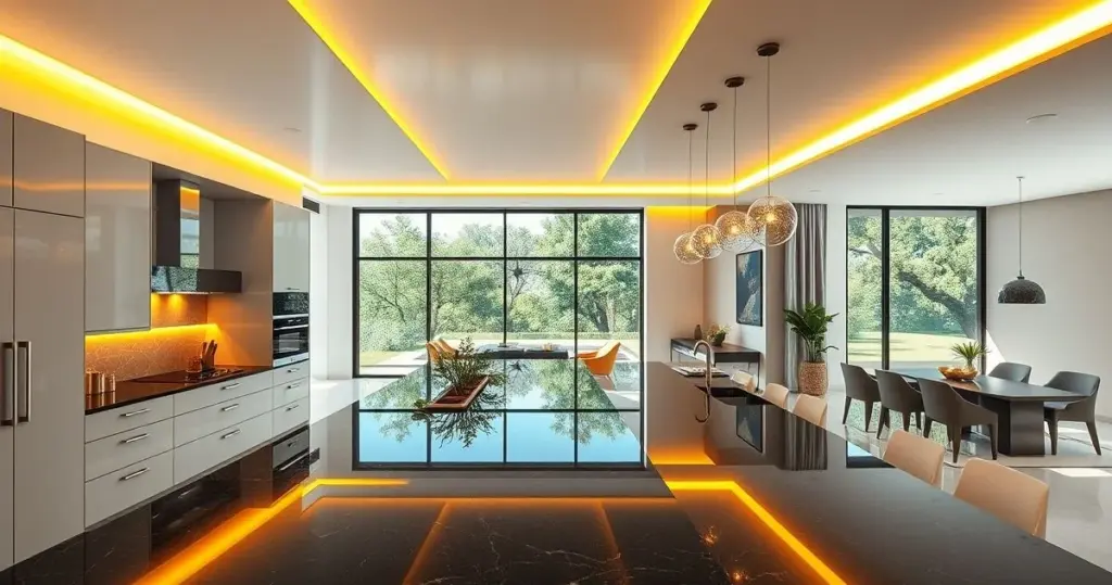 cozinha com sanca de gesso e iluminação embutida