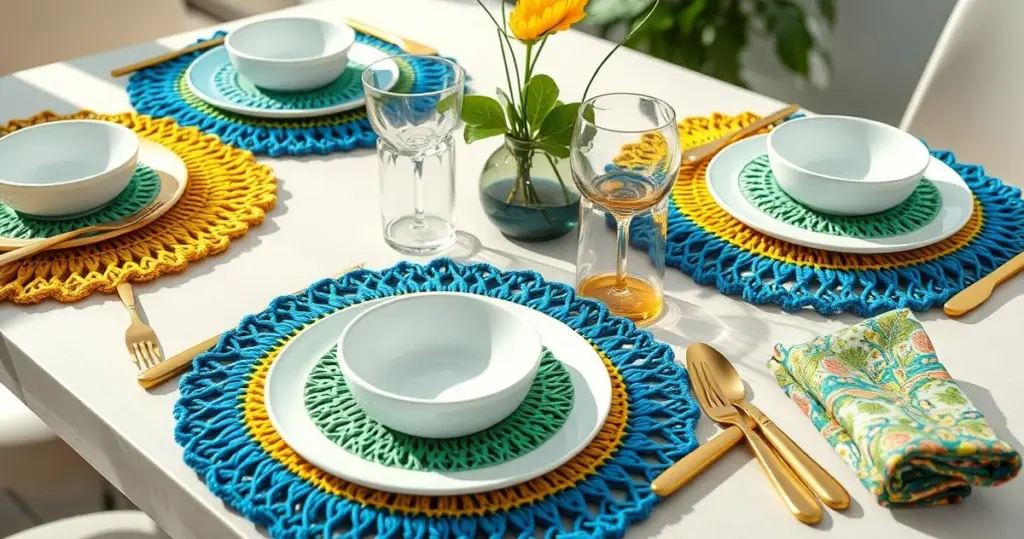 sousplat de crochê fio de malha colorido para mesa posta