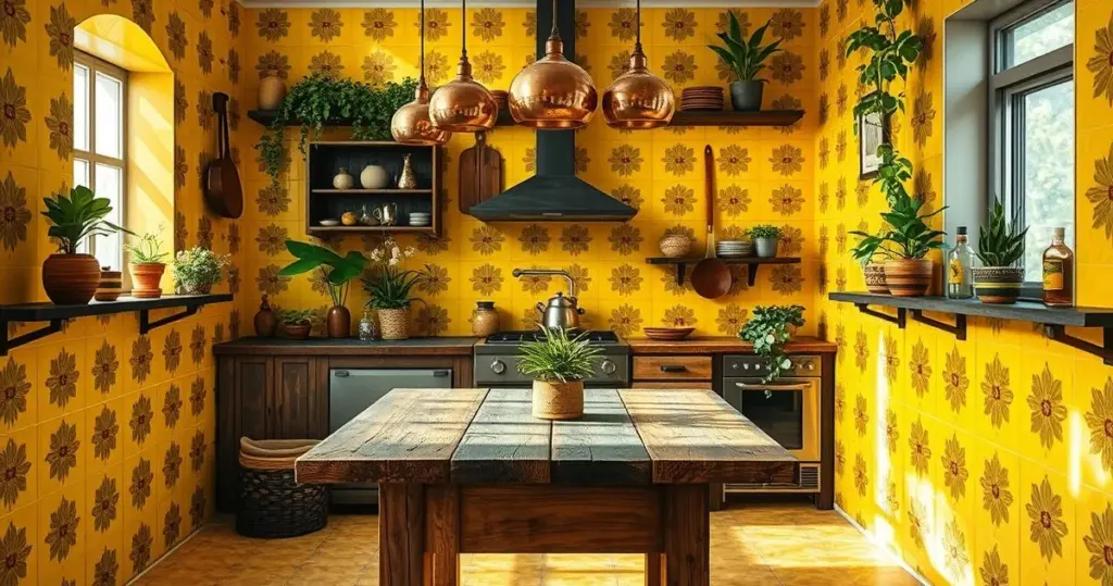cozinha amarela com azulejos hidráulicos vintage