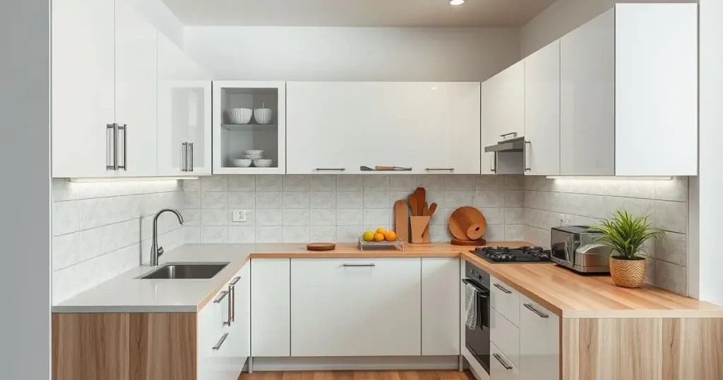Fotografia realista de uma cozinha planejada compacta com armários brancos e bancada de madeira ...