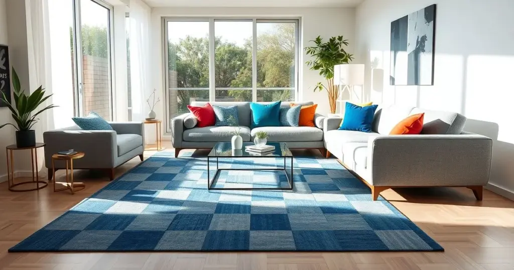 Sala de estar moderna com tapete geométrico em tons de azul e cinza