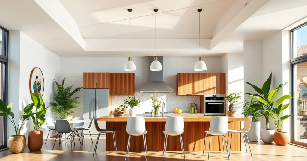 cozinha americana com sanca de gesso e balcão