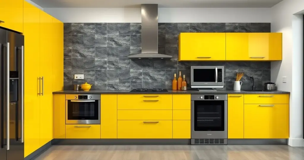 cozinha amarela e cinza com revestimento 3D