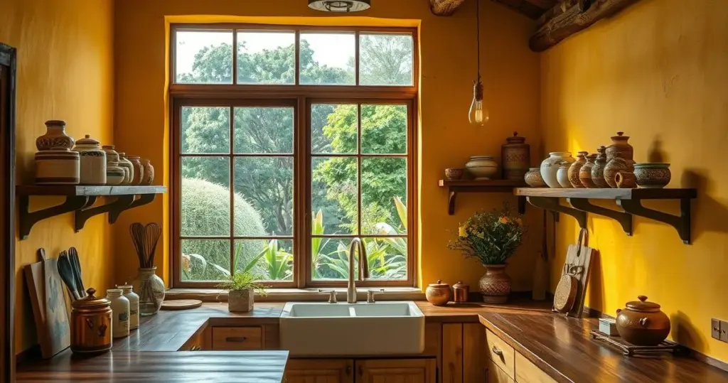 decoração de cozinha com paredes amarelas e armários brancos