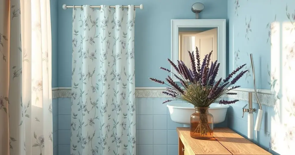 banheiro provençal azul com detalhes florais